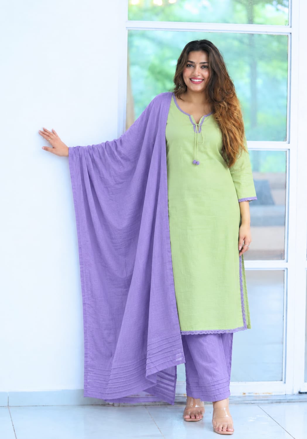 Pistachio Green Cotton Kurta Set with Lavender Salwar and Dupatta