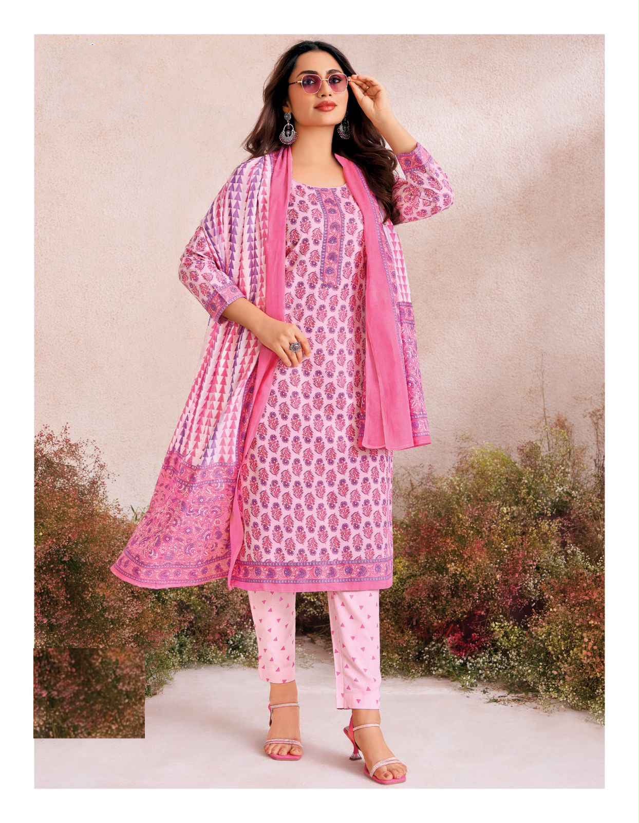 Pure Cotton Printed Dress Material Set – Pink Floral Print — Pink