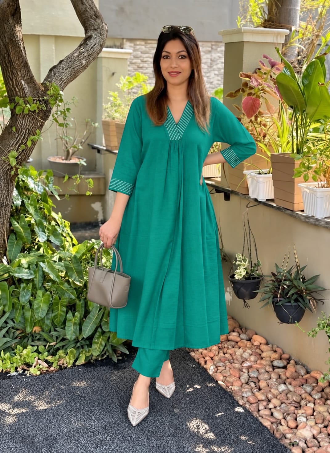 Premium Cotton Flex Anarkali-Style Kurta Pant Co-Ord Set with Tagai Neck Work in Teal Green