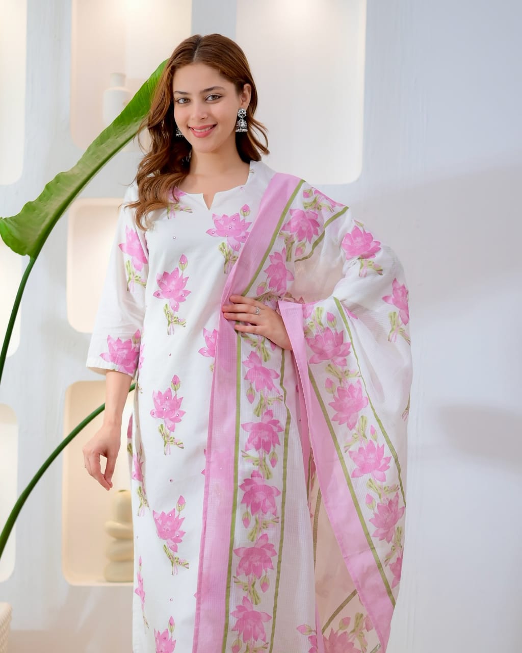 Premium 60.60 Cotton Printed Kurti Pant Set with Printed Dupatta in Pink