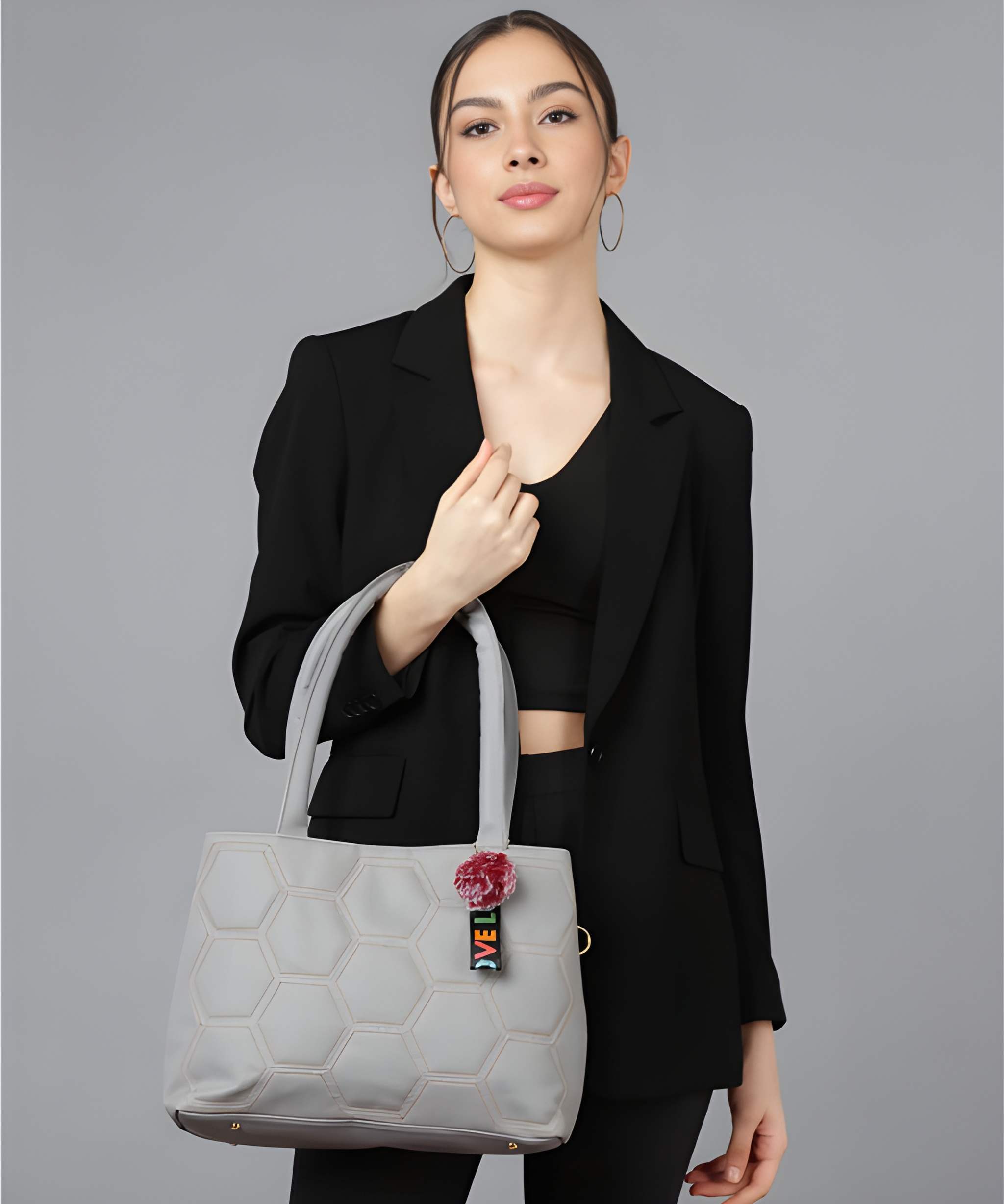 Women's PU Leather Shoulder and Tote Handbag in Grey Ball