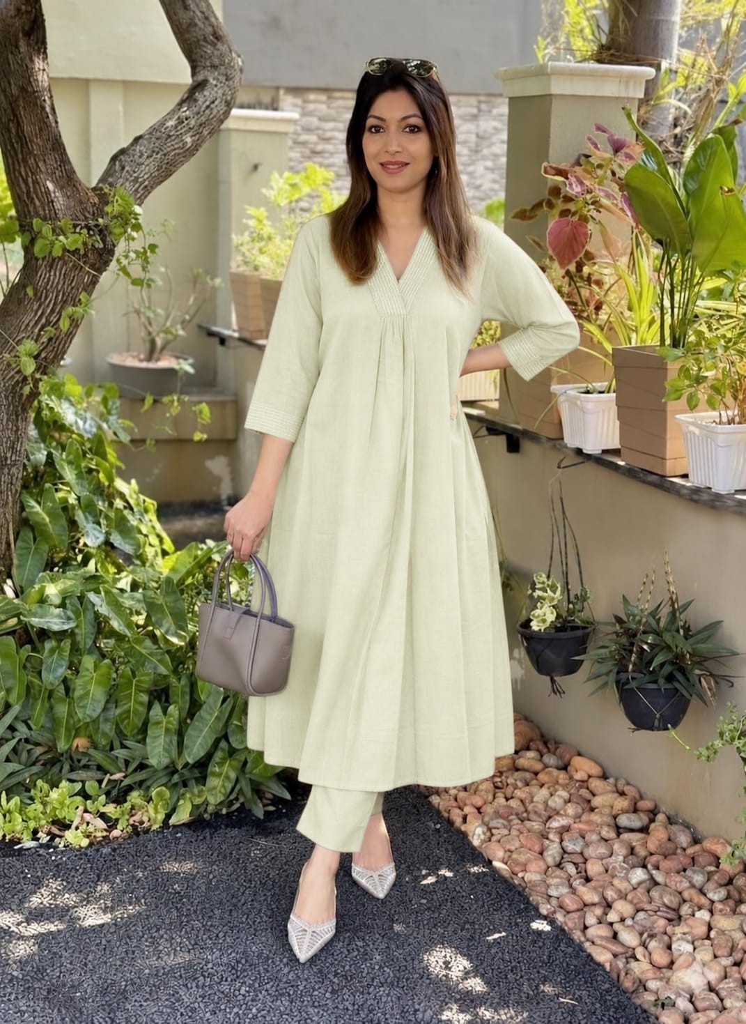 Premium Cotton Flex Anarkali-Style Kurta Pant Co-Ord Set with Tagai Neck Work in Pistachio Green