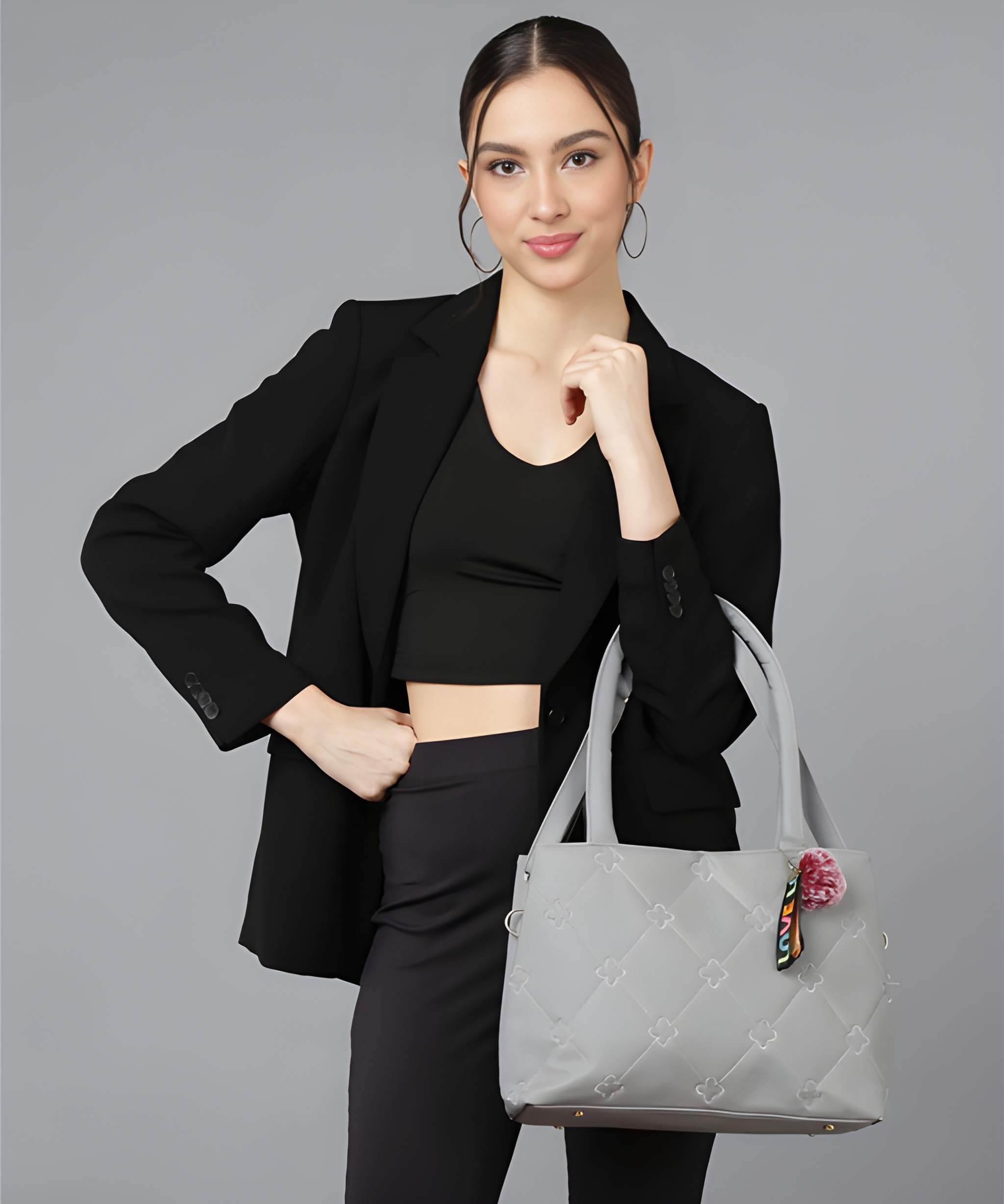 Women's PU Leather Shoulder and Tote Handbag in Grey Chix