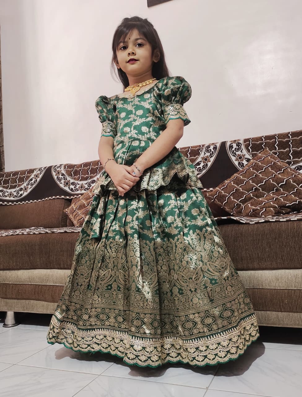 Premium Kids Pure Heavy Shimmer Silk Lehenga Choli with Zari Embroidery in Green