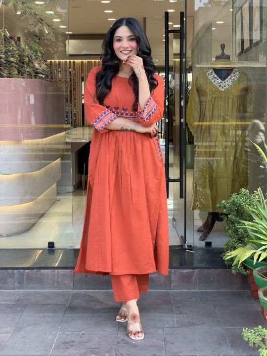 Premium Cotton Flared Kurti Pant Set with Front & Back Embroidery Work in Coral Orange