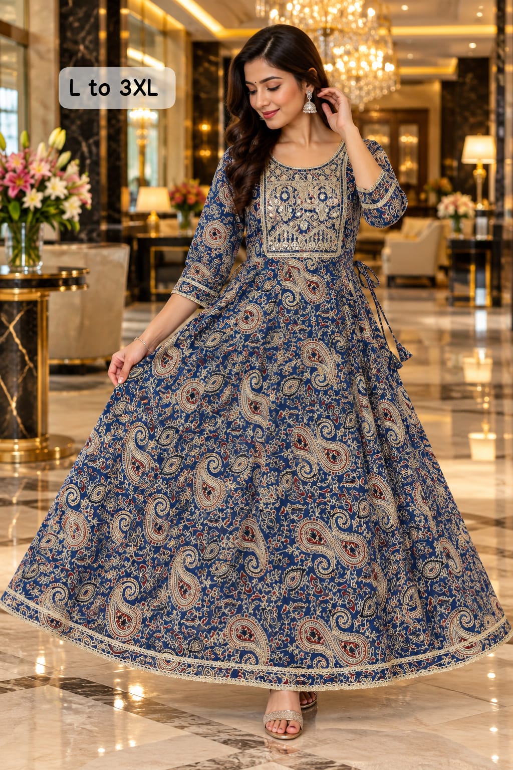 Women’s Printed Cotton Anarkali Kurti with Embroidered Neckline & Lace Border in Navy blue