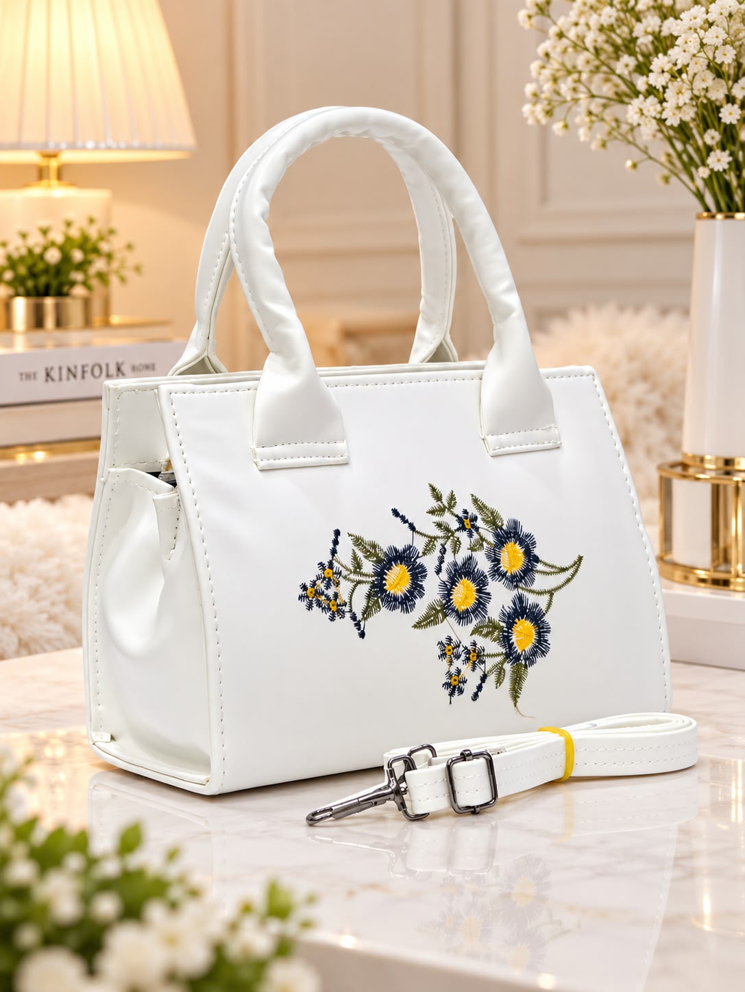 Premium PU Leather Floral Embroidered Hand & Sling Bag in White