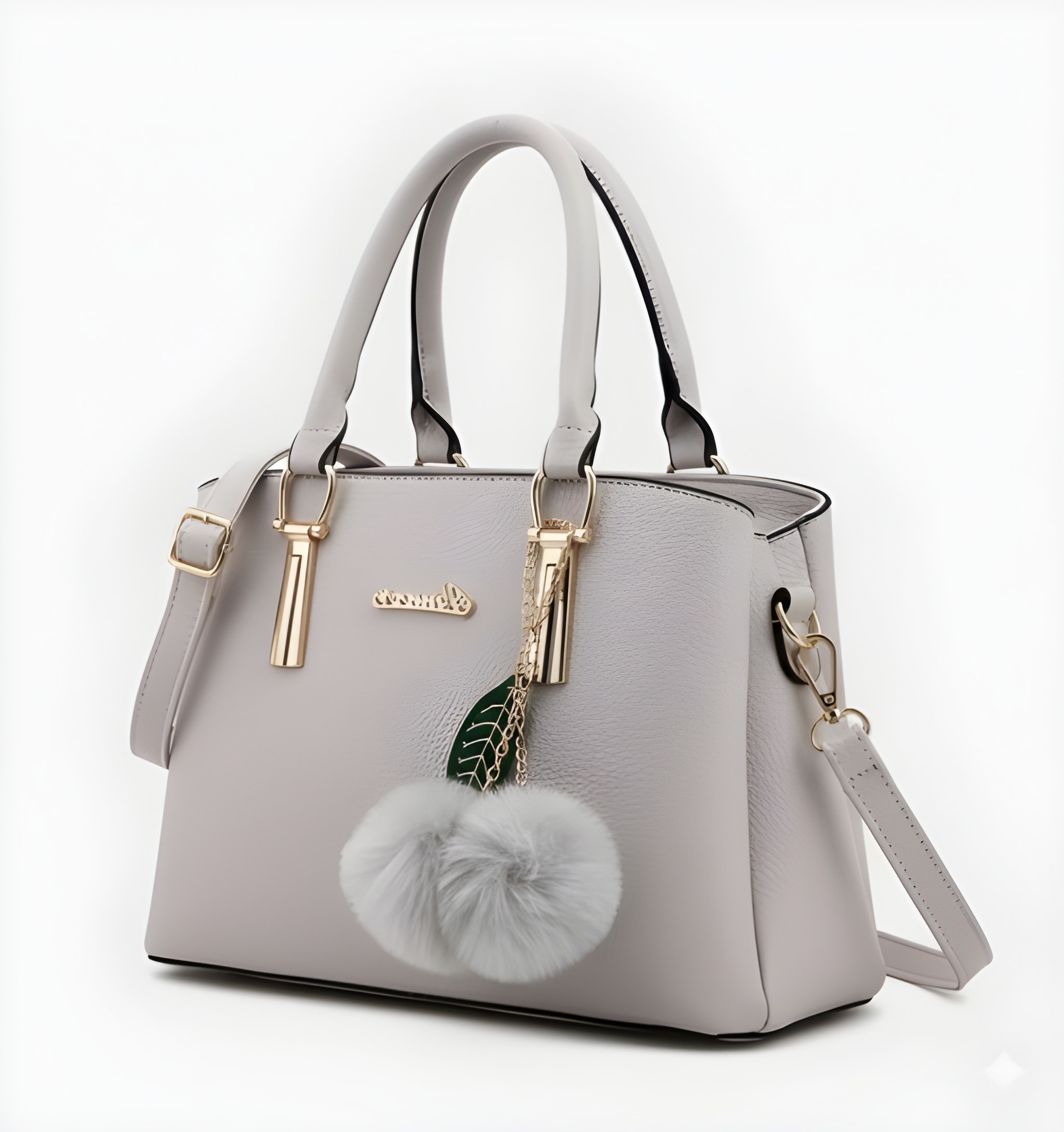 Women's Structured Tote with Two Pom-Poms in Light Grey
