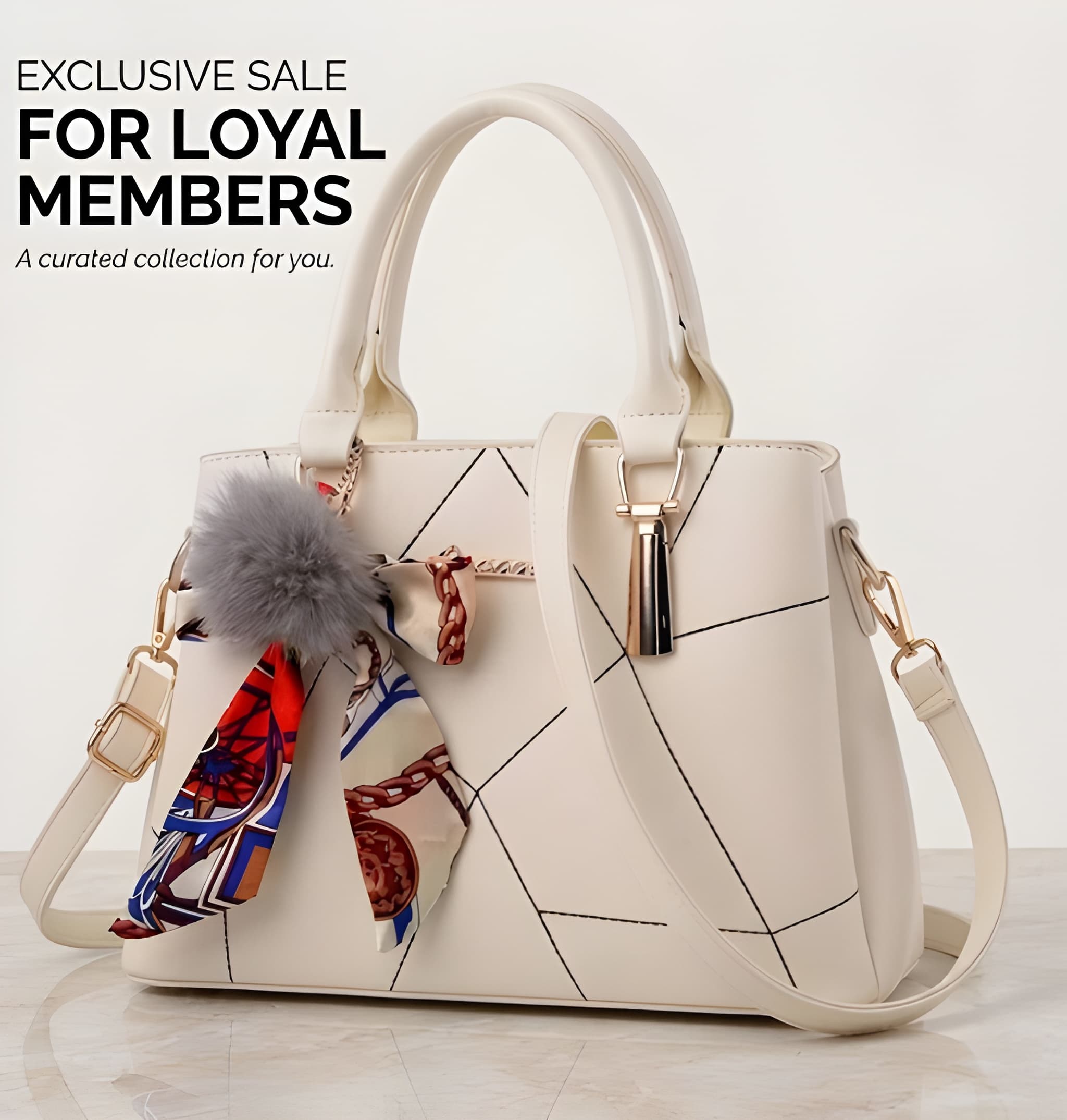 Women's Geometric Tote with Scarf and Pom in Cream