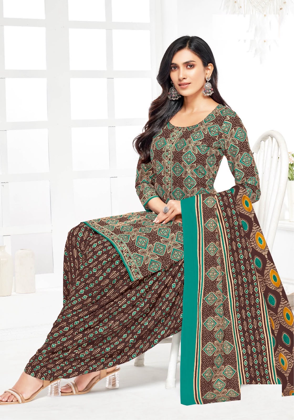 Pure Cotton Printed Dress Material Set – Chocolate Brown & Teal Ethnic Print — Chocolate brown