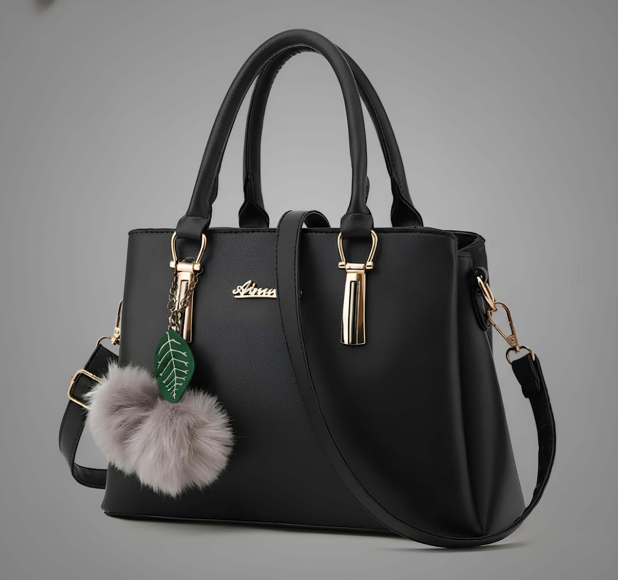 Women's Structured Tote with Pom and Script Logo in Black