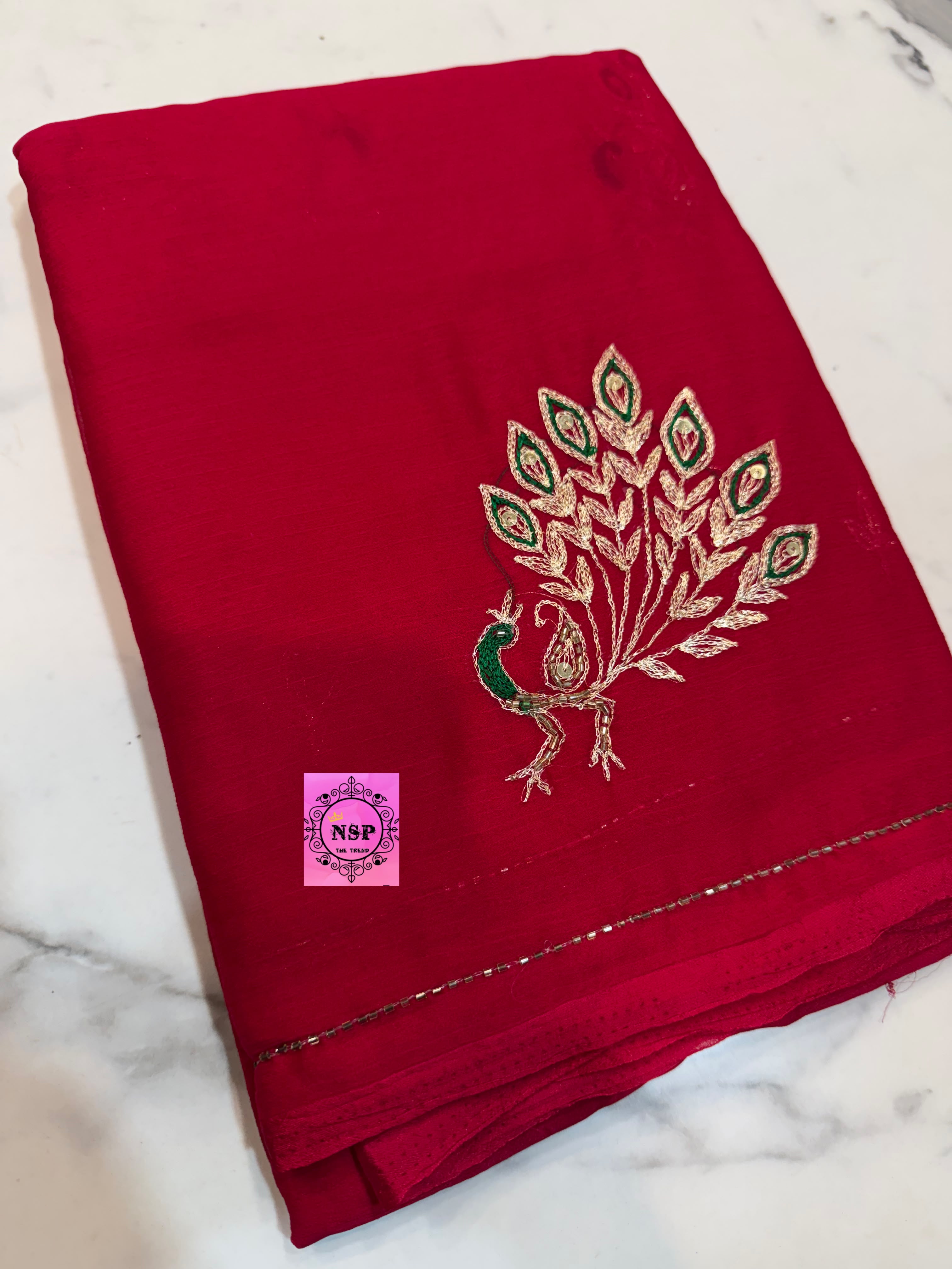 Pure Chamundi Handwork Saree with Peacock Embroidery & Embellished Border in Rani Pink