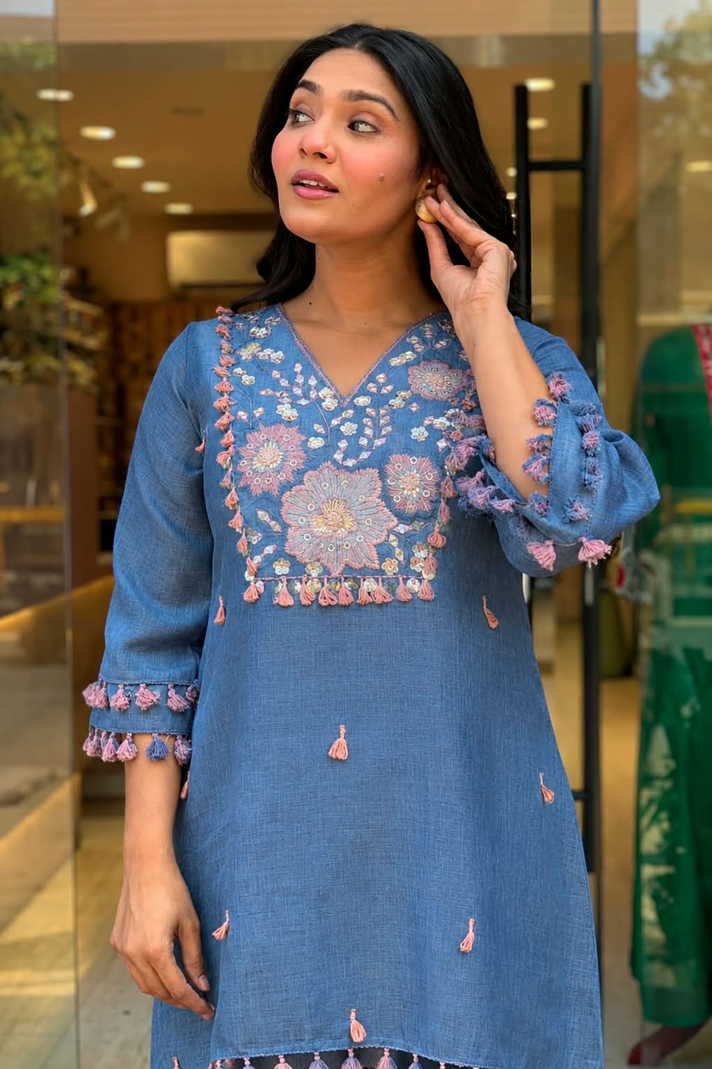 Women's Blue Cotton Flex Cord Set with Floral Heavy Embroidery