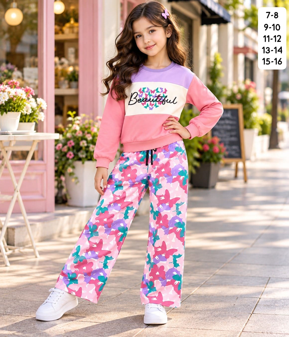 Girls Fancy Full Sleeve Sweatshirt and Printed Palazzo Pant Set in Pink