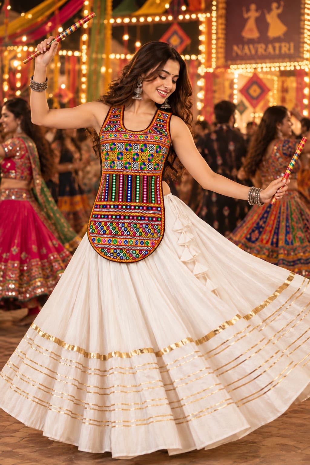 Reyon Cotton Heavy Lace Chaniya Choli with Multicolour Embroidered Blouse in Ivory white