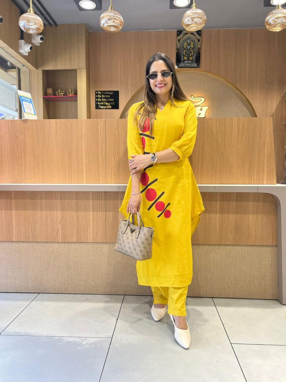 Premium Cotton Side-Cut Kurti Pant Set with Stylish Embroidery Work in Yellow