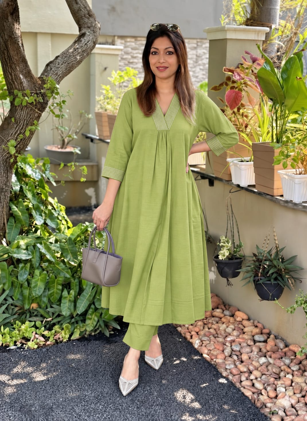 Premium Cotton Flex Anarkali-Style Kurta Pant Co-Ord Set with Tagai Neck Work in Lime green