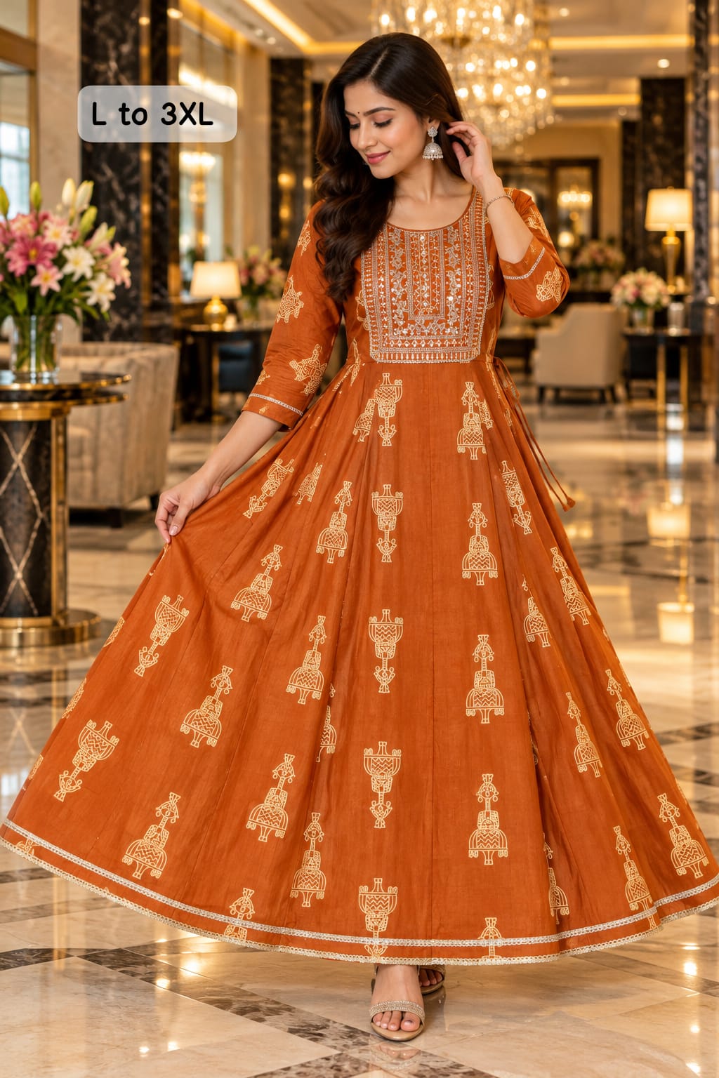 Women’s Printed Cotton Anarkali Kurti with Embroidered Neckline & Lace Border in Rust Orange