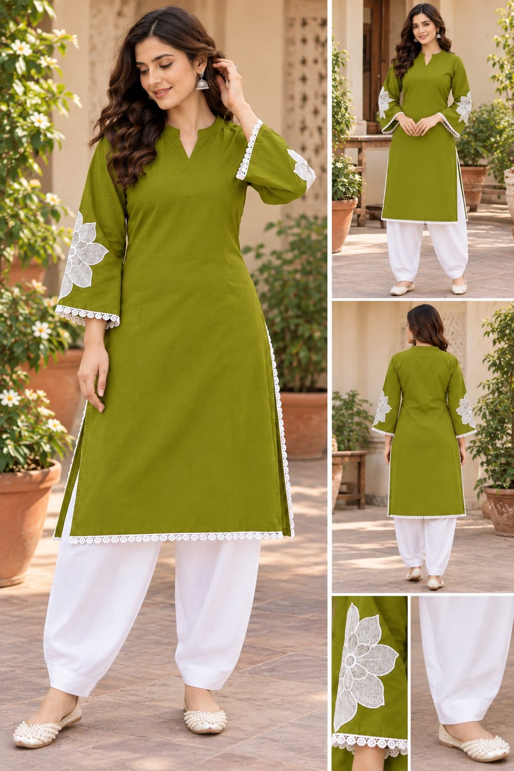 Women’s Pure Cotton Embroidered Kurti with Farshi Salwar Set in Green