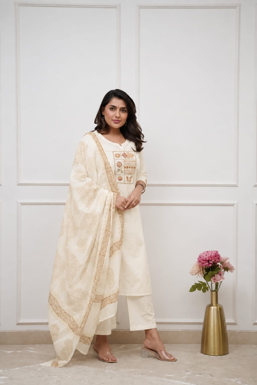Women's Cotton Embroidered Kurta Pant Set with Dupatta – Single Colour in Kirm