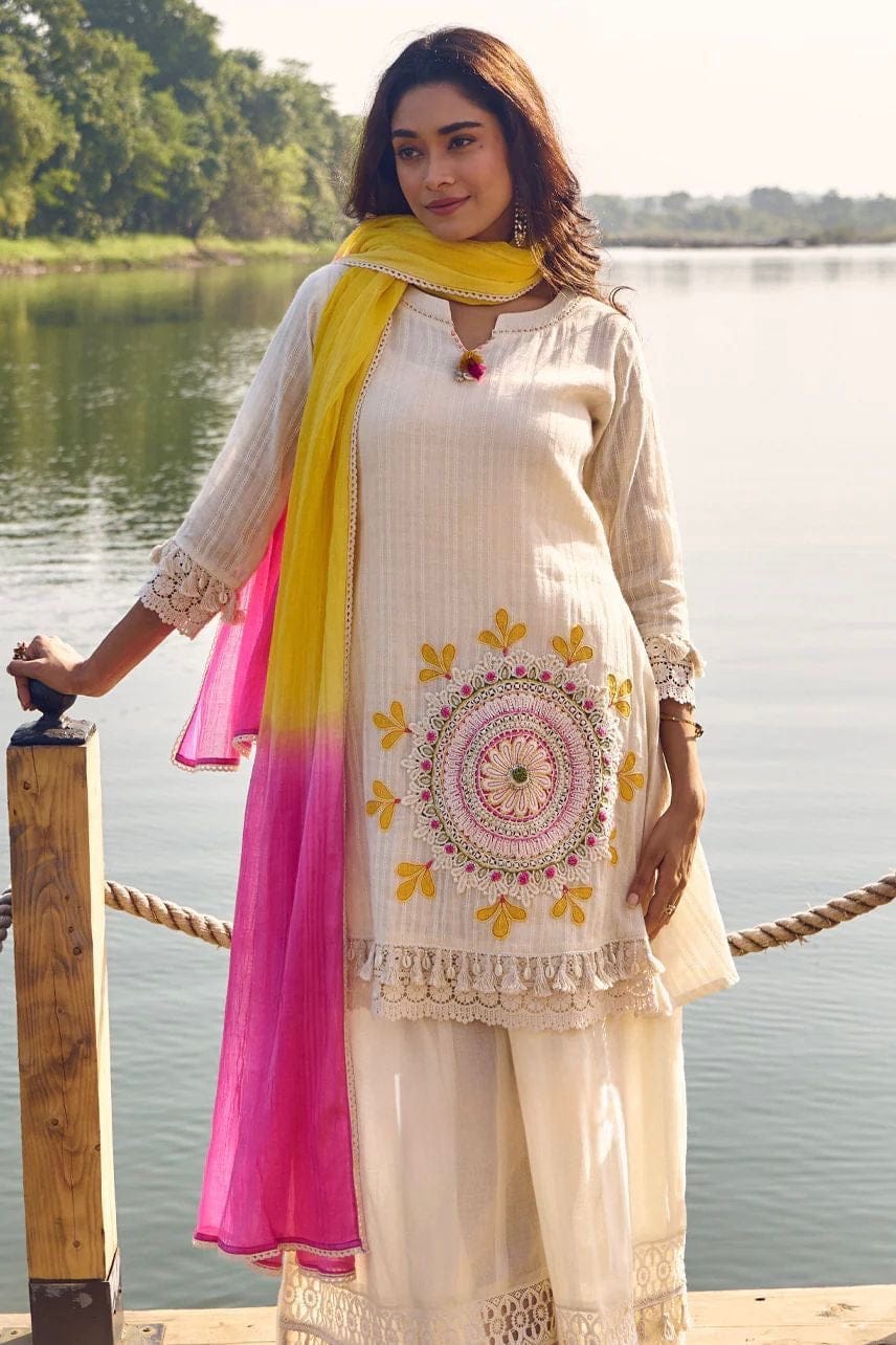 Pure Cotton Embroidered Kurti Set with Attached Lining, Matching Pants and Tie-Dye Dupatta in Cream