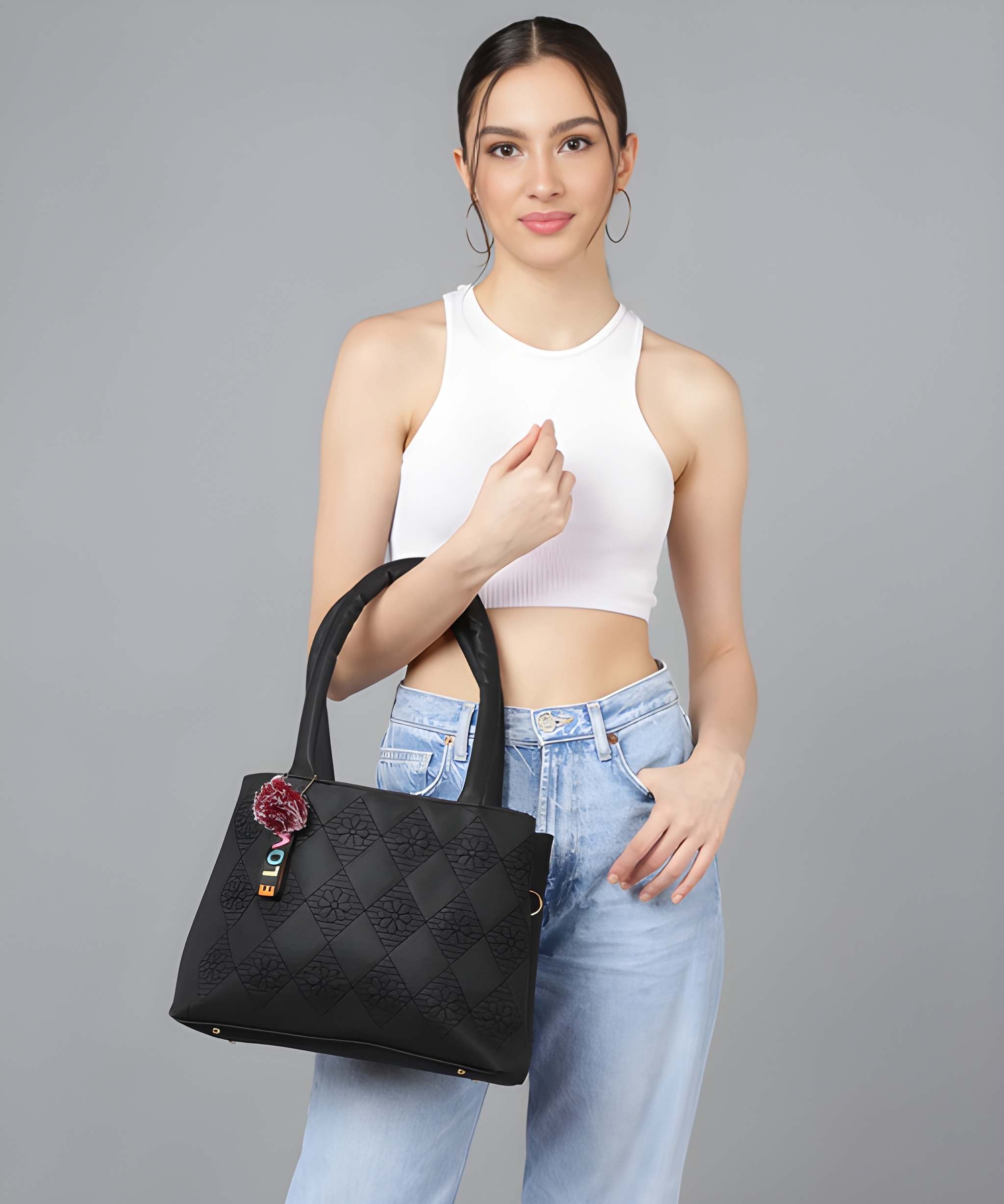 Women's PU Leather Shoulder and Tote Handbag in Black