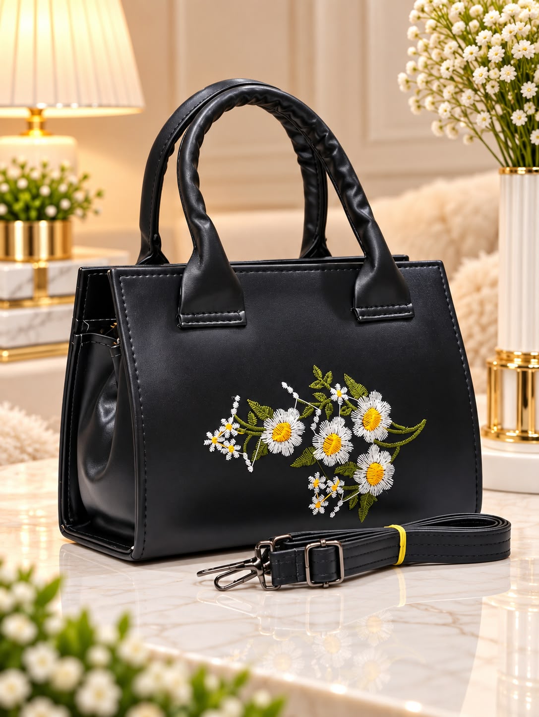 Premium PU Leather Floral Embroidered Hand & Sling Bag in Black
