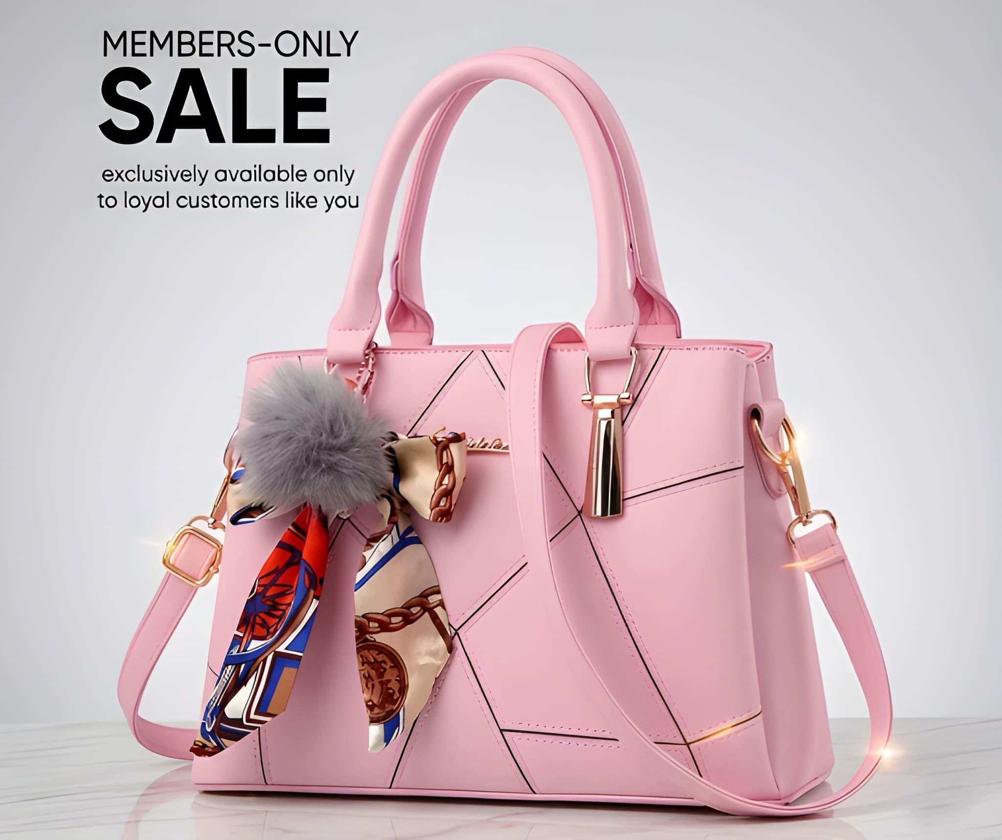 Women's Geometric Tote with Scarf and Pom in Pink