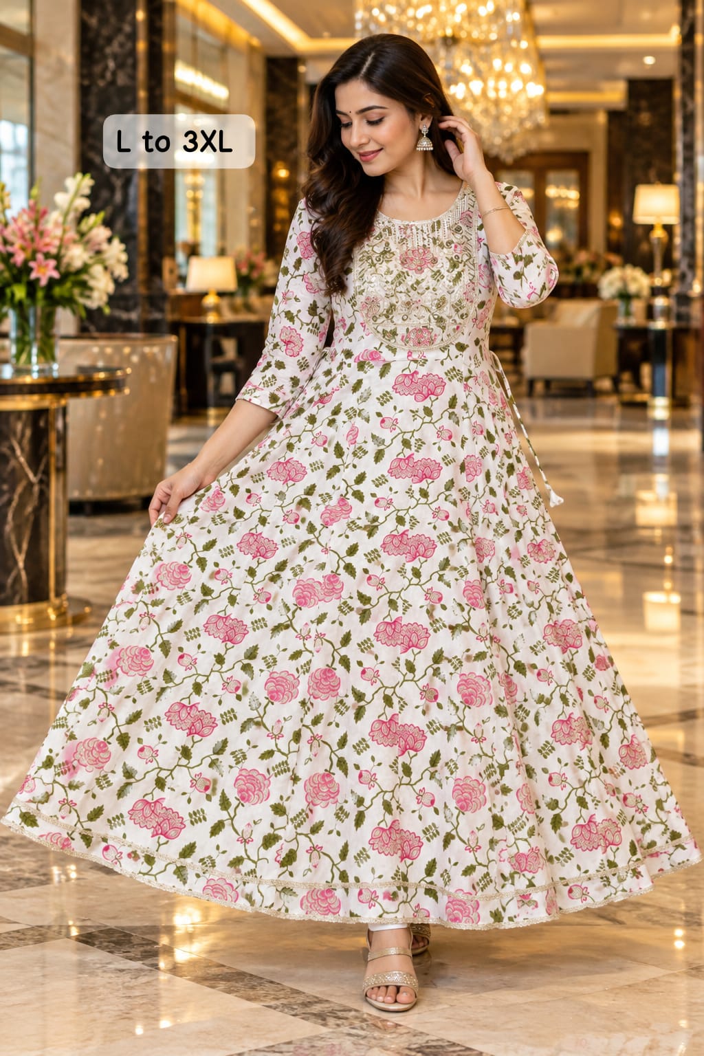 Women’s Printed Cotton Anarkali Kurti with Embroidered Neckline & Lace Border in Cream