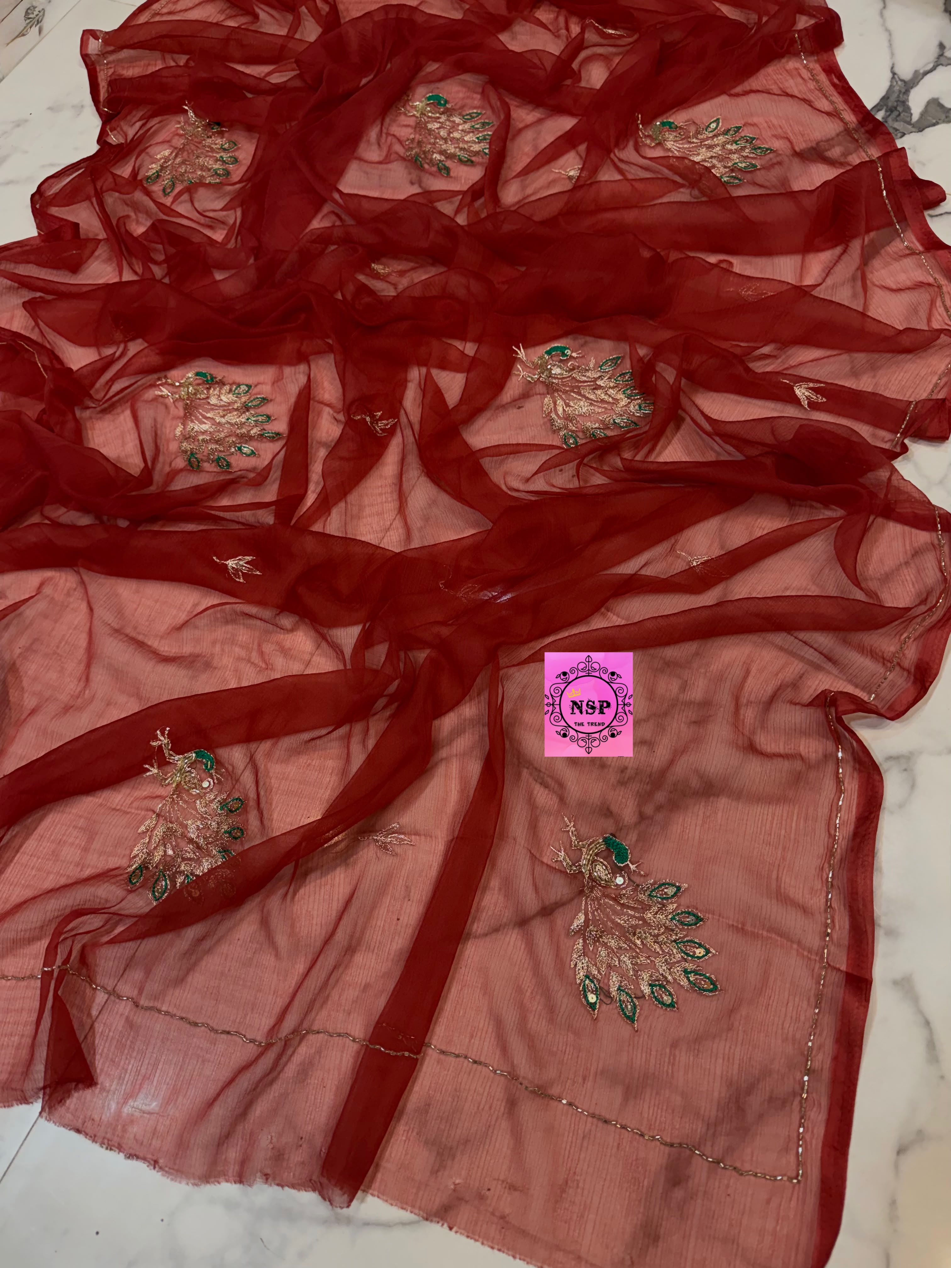 Pure Chamundi Handwork Saree with Peacock Embroidery & Embellished Border in Wine
