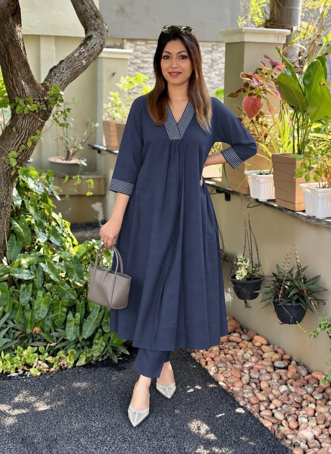 Premium Cotton Flex Anarkali-Style Kurta Pant Co-Ord Set with Tagai Neck Work in Navy blue