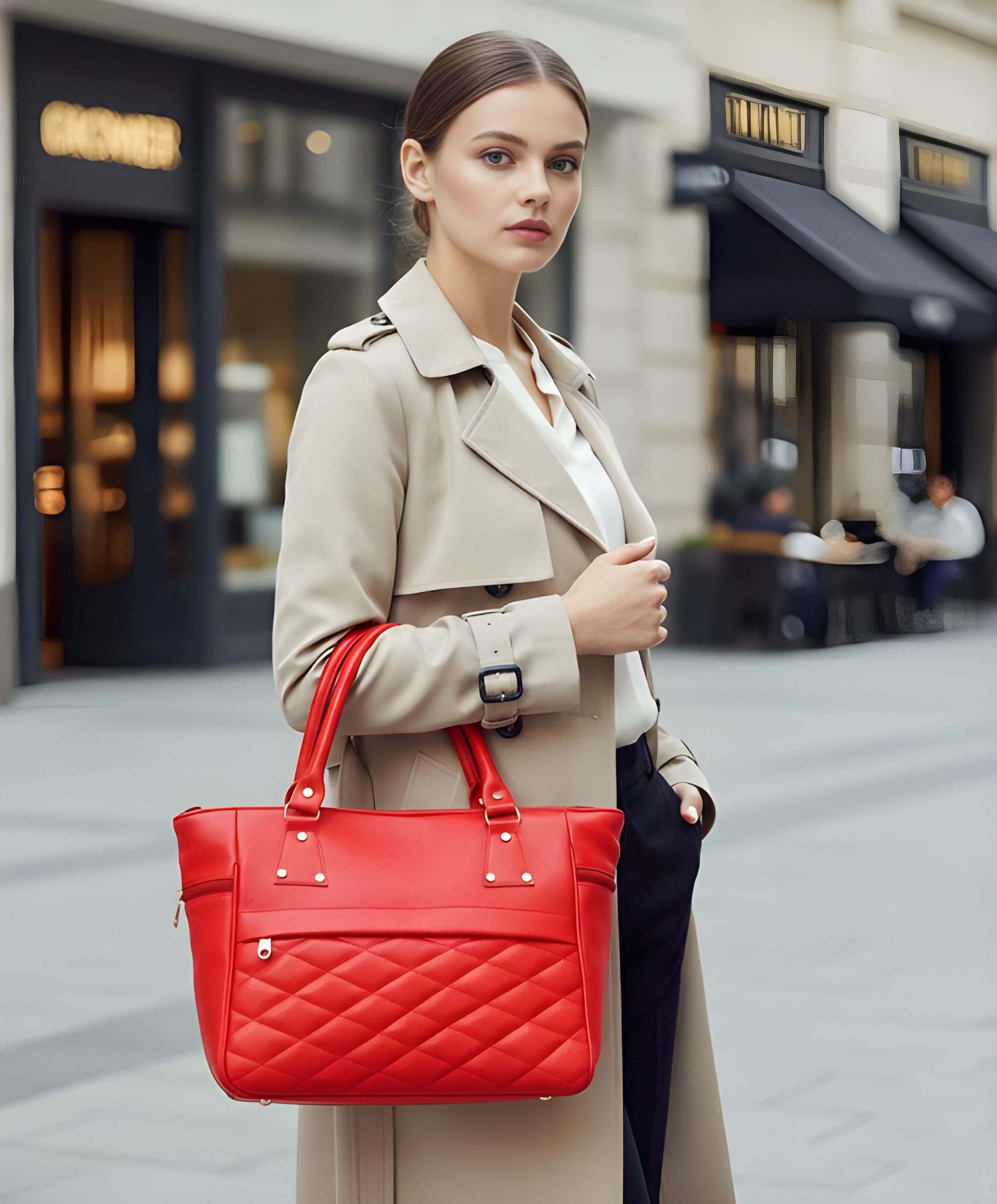 Women's Quilted-Bottom Tote with Gold Plate in Red