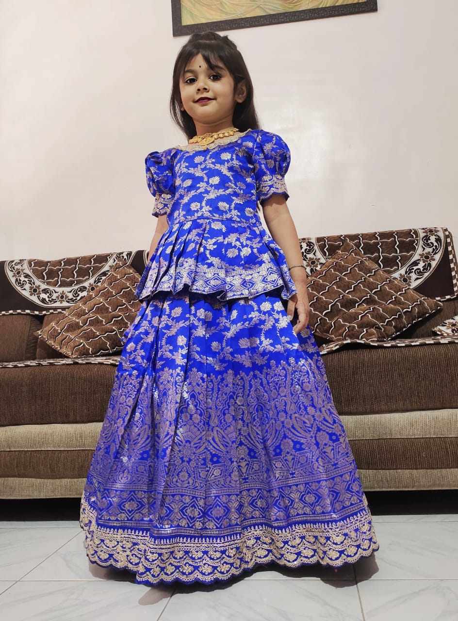 Premium Kids Pure Heavy Shimmer Silk Lehenga Choli with Zari Embroidery in Blue