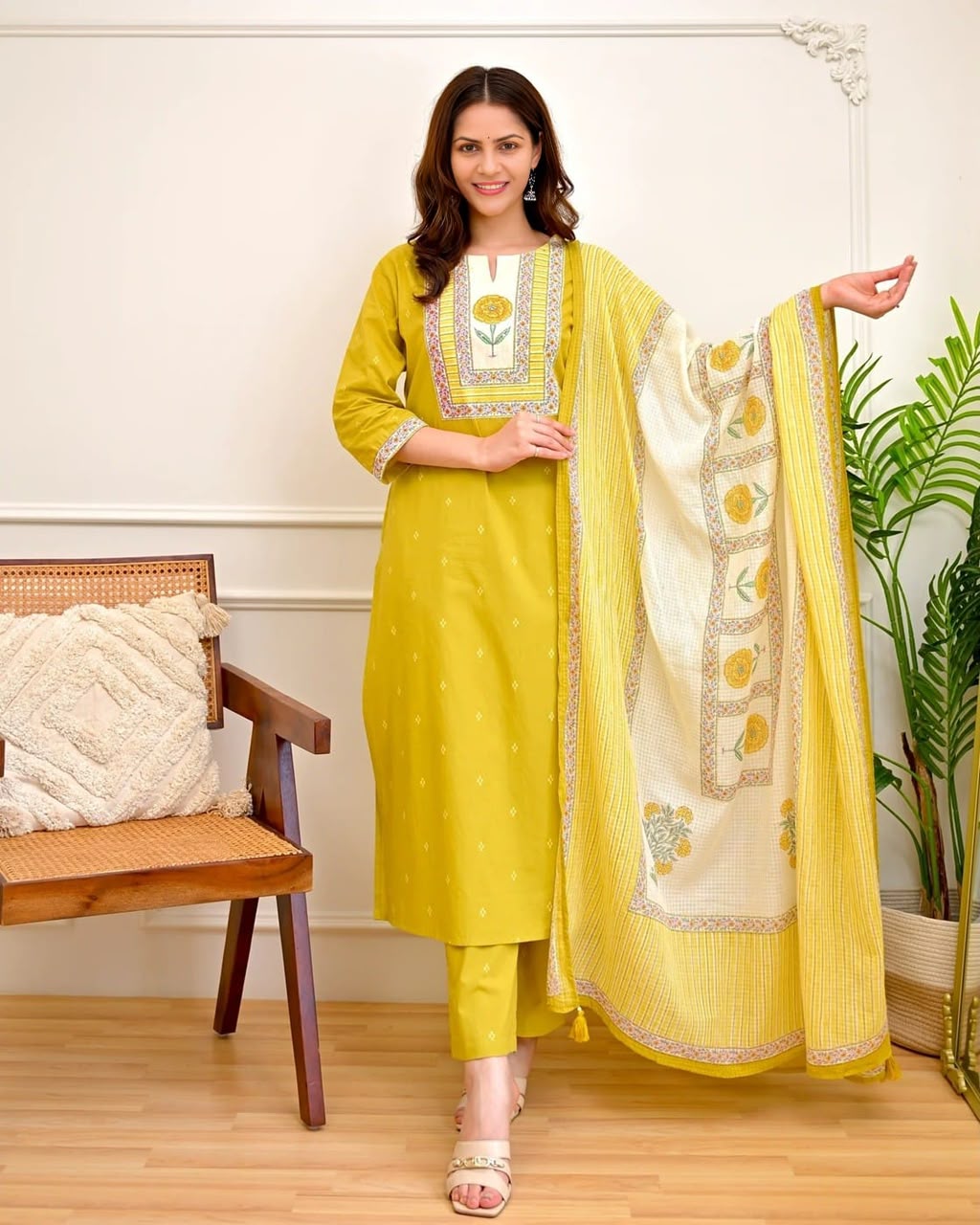 Premium Cotton Discharge Printed Kurti Pant Dupatta Set with Sequence & Adda Work in Yellow