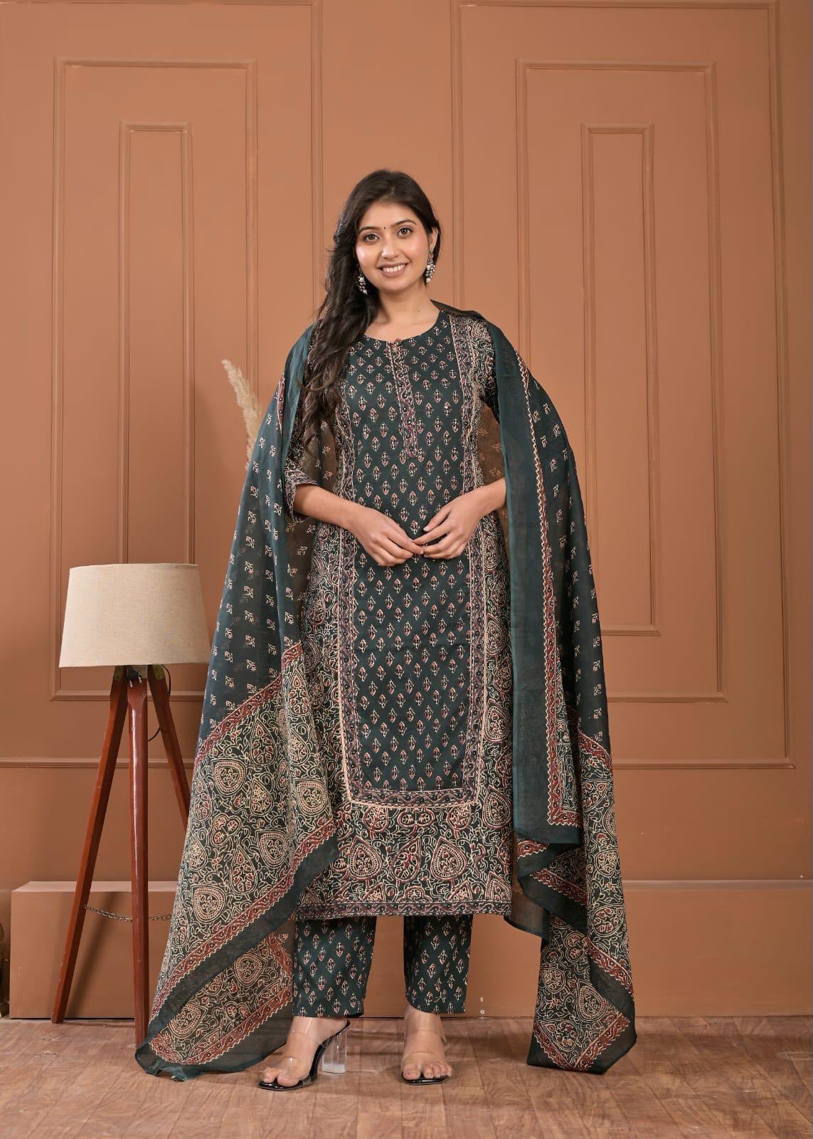 Women's Cotton Ajrakh Style Printed Kurti Pant and Dupatta Set with Neck Handwork in Teal green