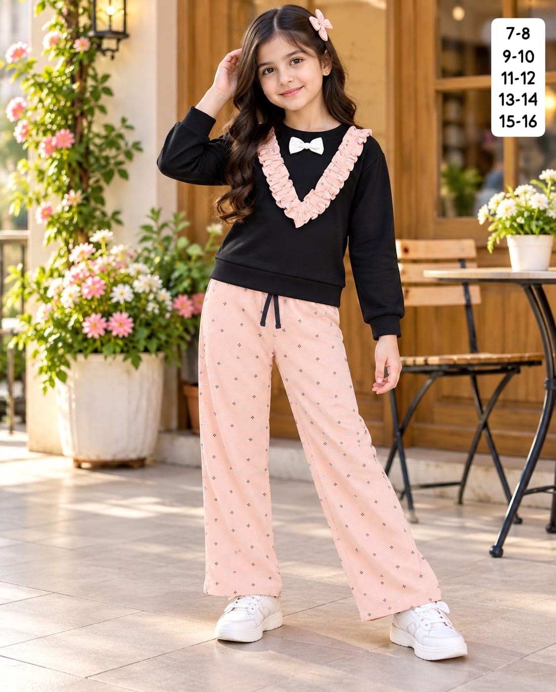Girls Fancy Full Sleeve Sweatshirt and Printed Palazzo Pant Set in Black pink