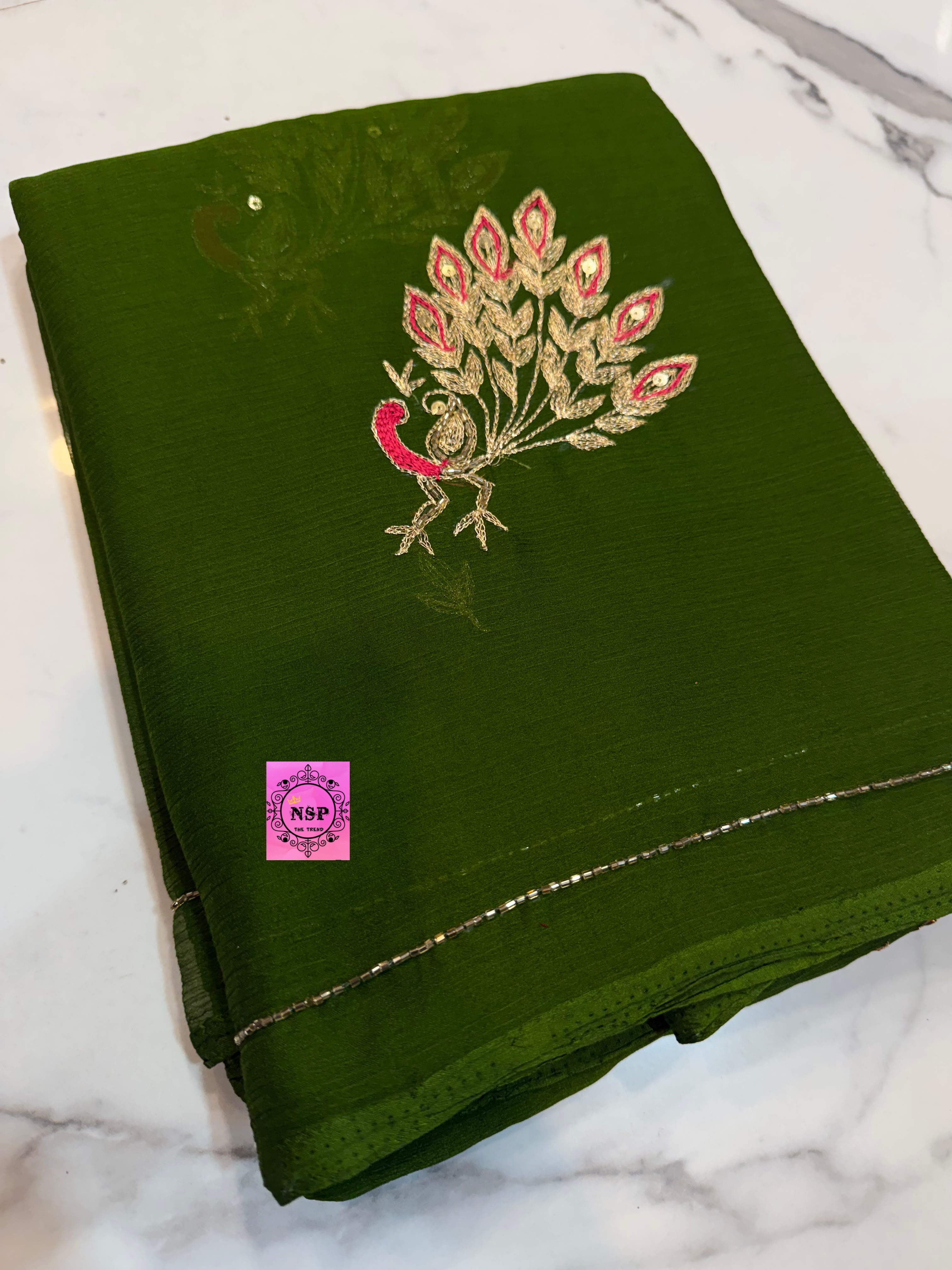 Pure Chamundi Handwork Saree with Peacock Embroidery & Embellished Border — Dark Green