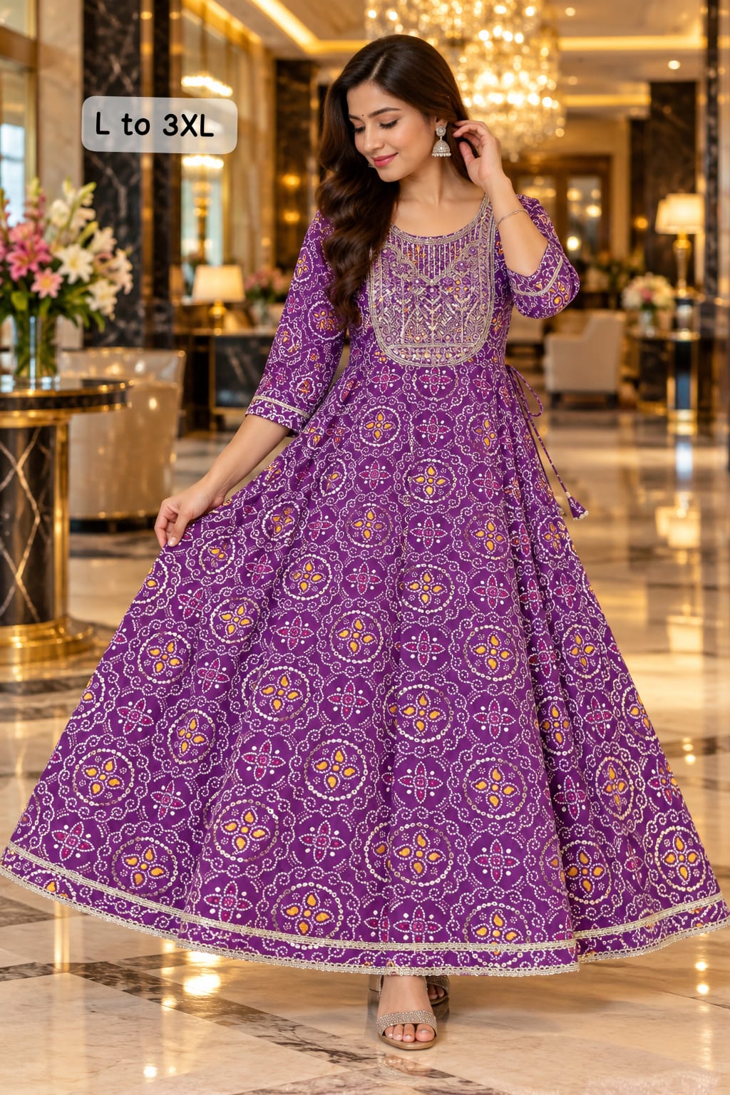 Women’s Printed Cotton Anarkali Kurti with Embroidered Neckline & Lace Border in Purple