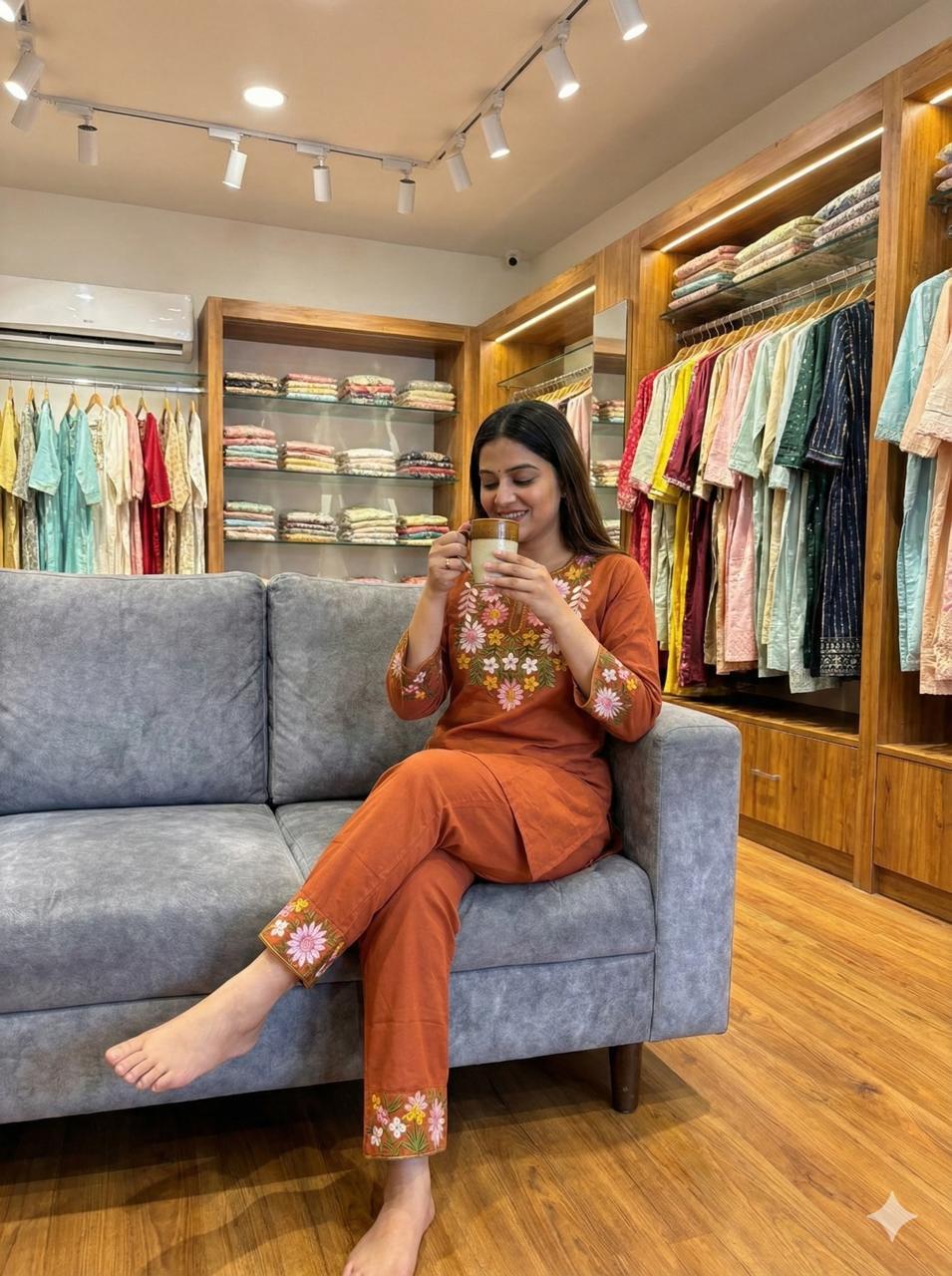 Premium Pure Cotton Embroidered Kurti with Matching Embroidered Cotton Pants – Multiple Colours in Orange