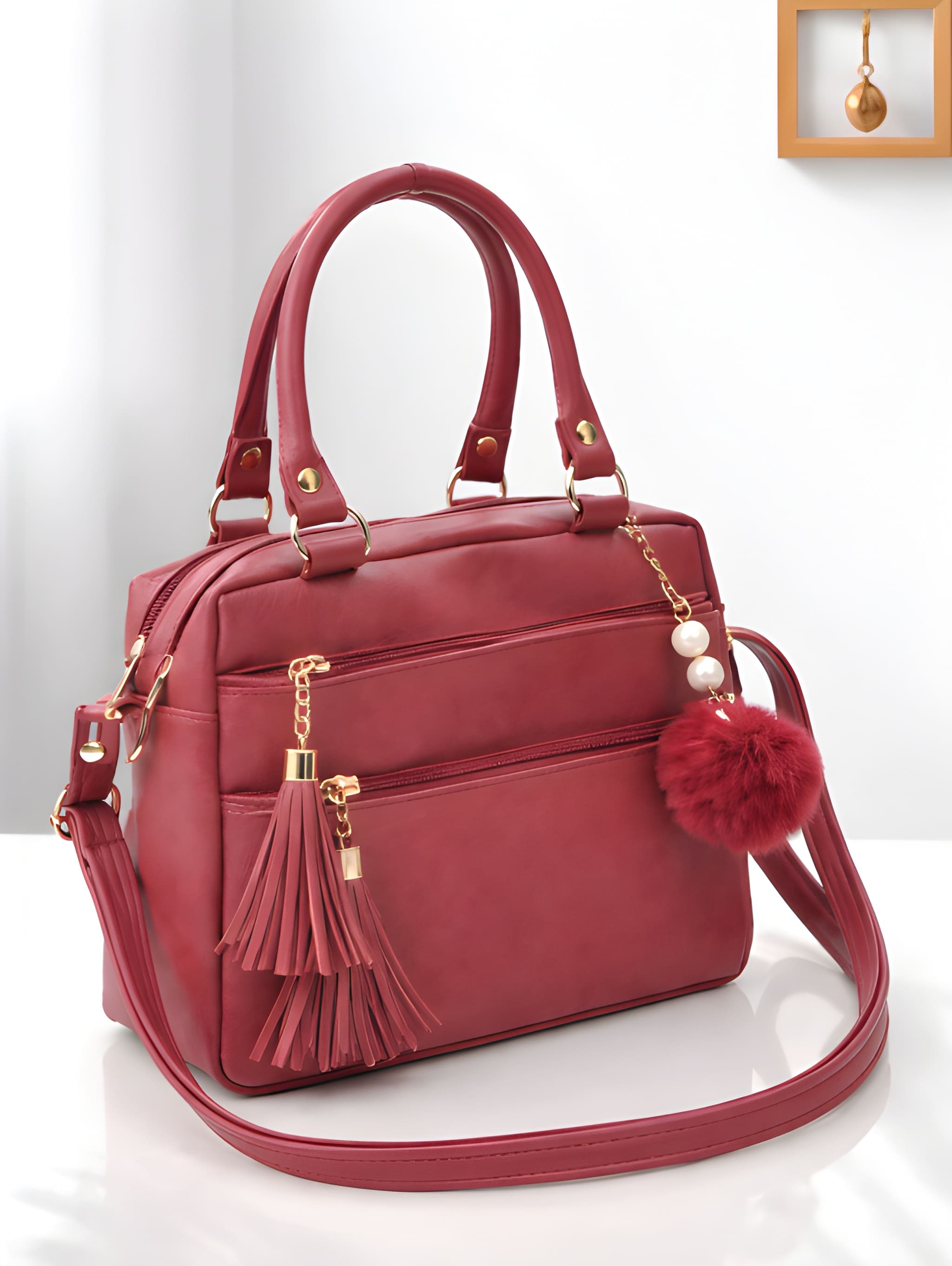 Women's Front-Zip Satchel with Tassel in Red