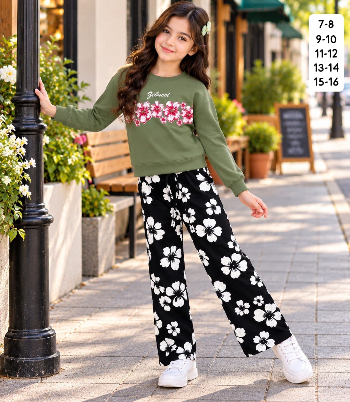 Girls Fancy Full Sleeve Sweatshirt and Printed Palazzo Pant Set in Green black
