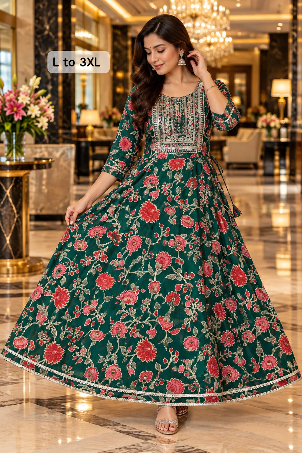 Women’s Printed Cotton Anarkali Kurti with Embroidered Neckline & Lace Border in Dark Green