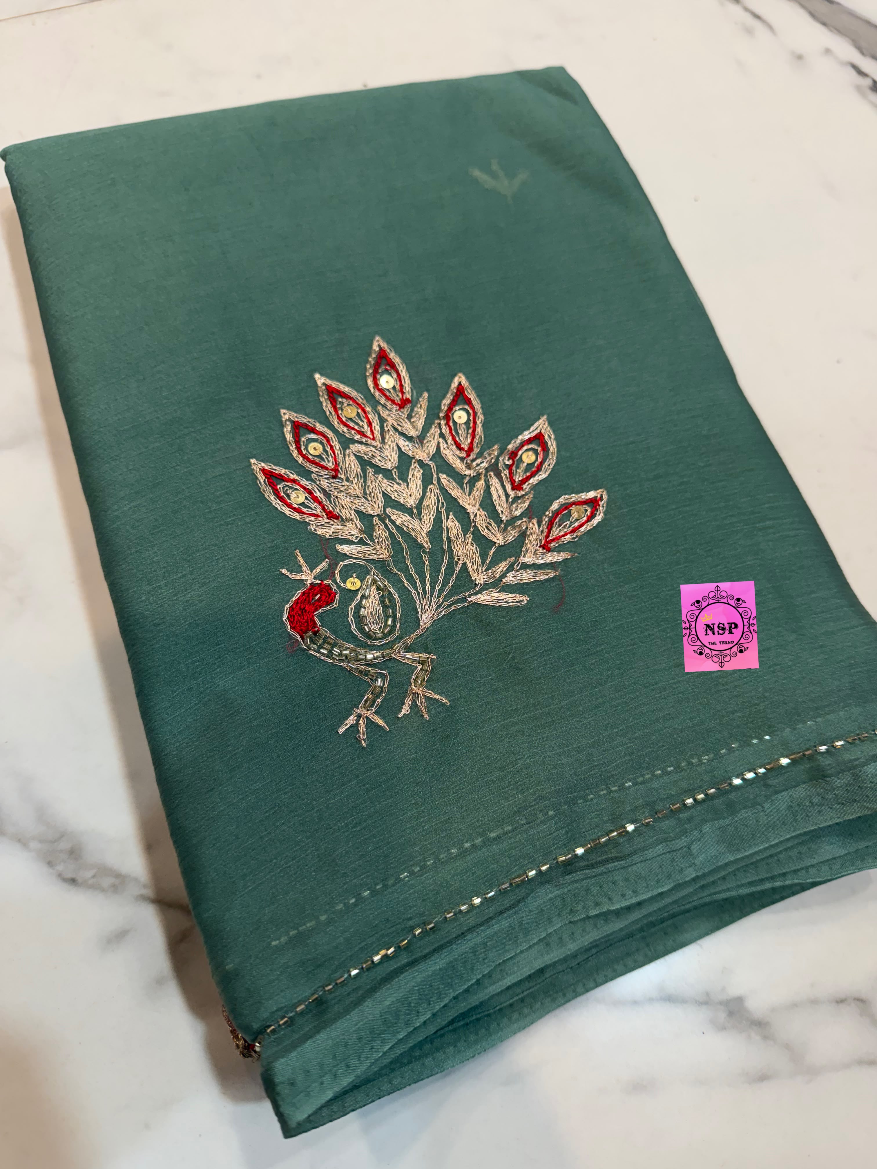 Pure Chamundi Handwork Saree with Peacock Embroidery & Embellished Border in Teal Green