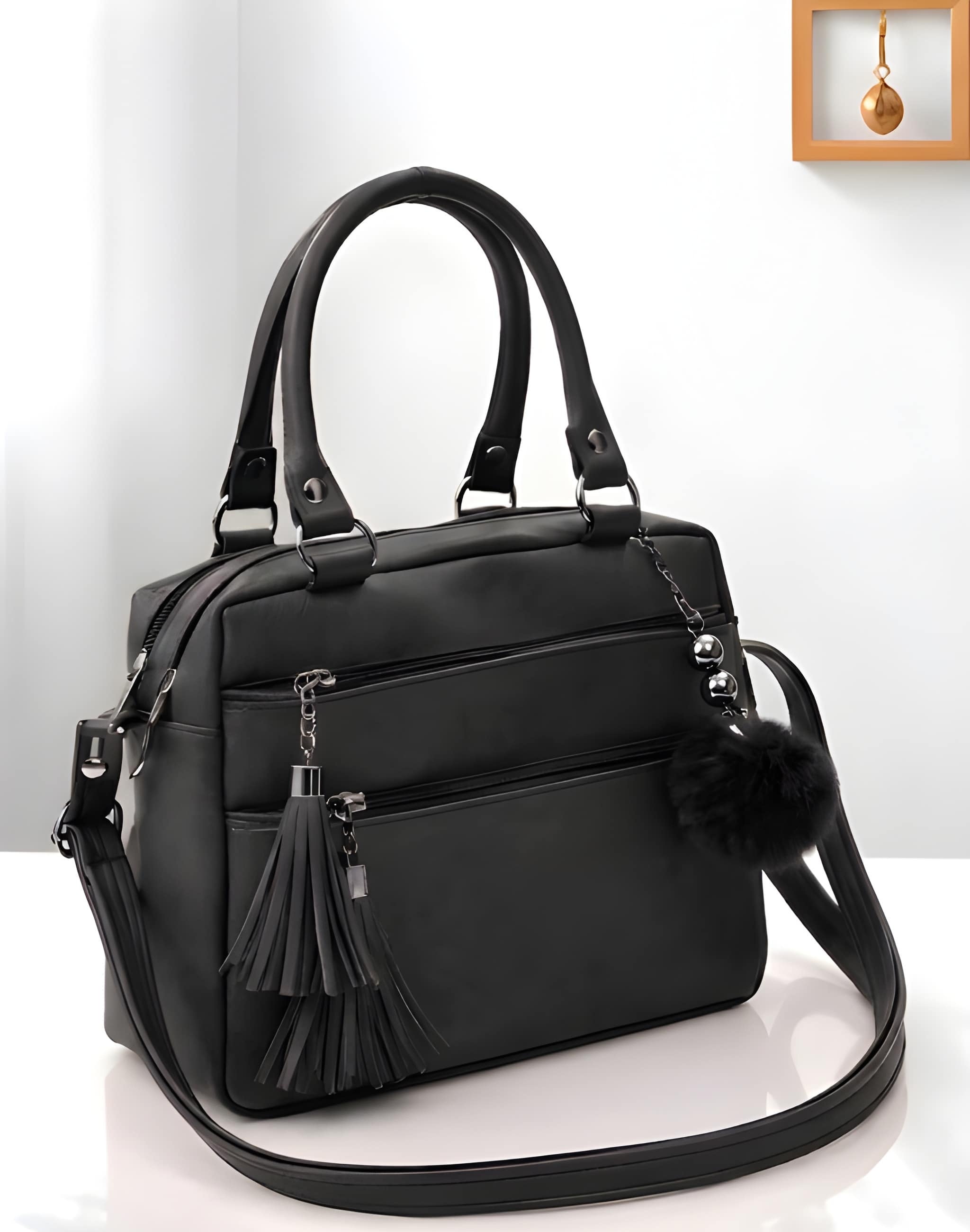 Women's Front-Zip Satchel with Tassel in Black