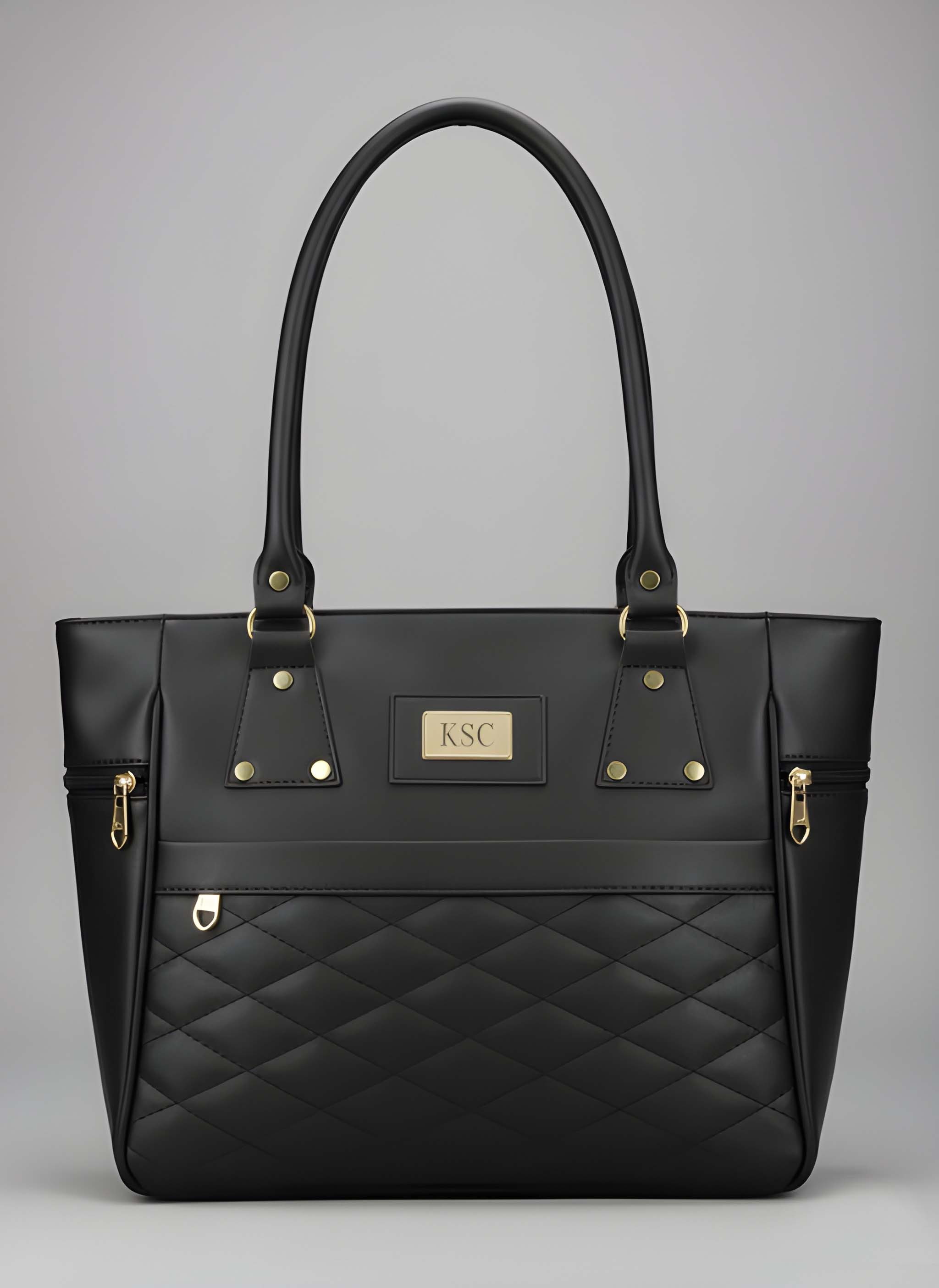 Women's Quilted-Bottom Tote with Gold Plate in Black