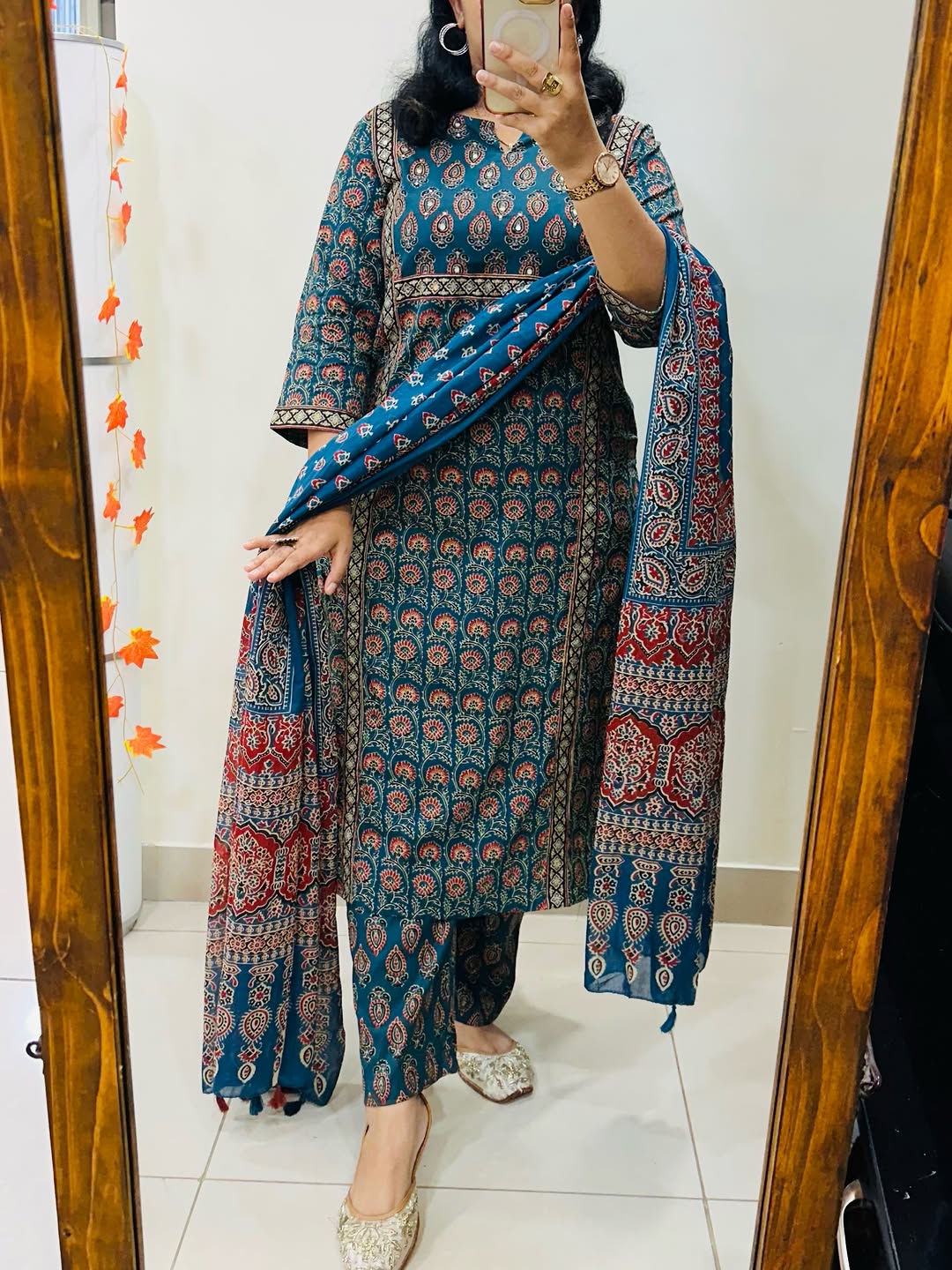 Heavy Cotton Kurti Set with Mirror Handwork, Matching Pant and Cotton Dupatta in Blue