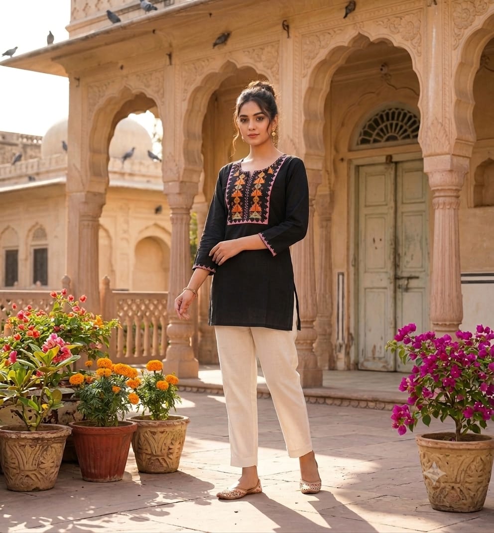 Embroidered Cotton Kurti with Cotton Flex Pants – Available in Red and Black