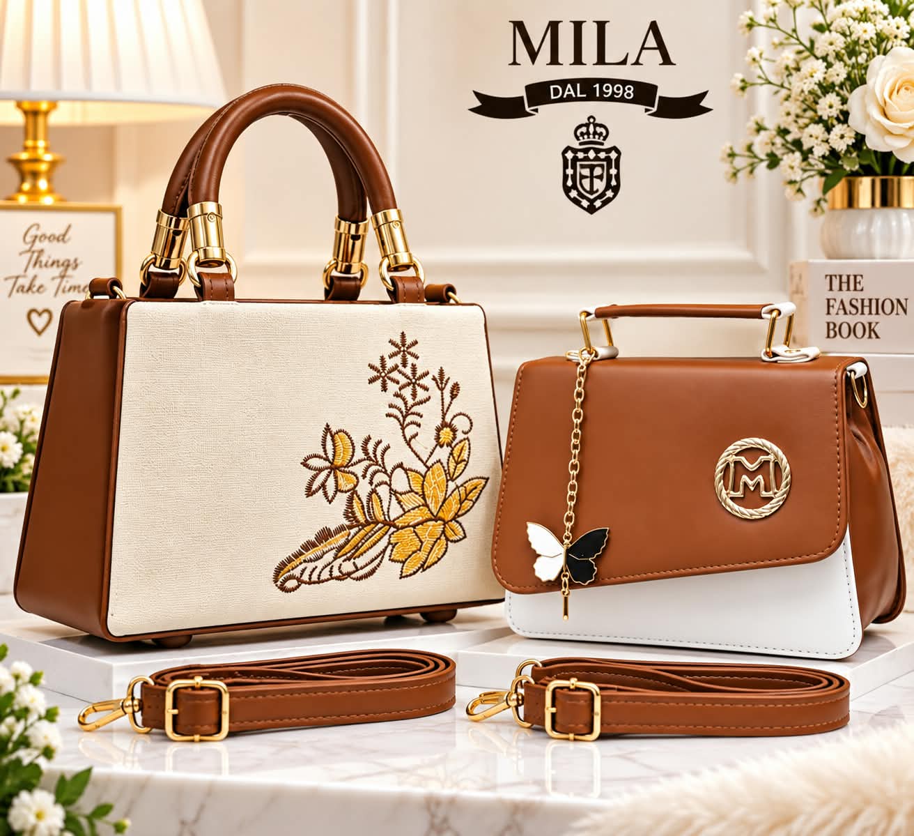 2-Piece Women's Handbag and Crossbody Sling Bag Combo Set in Brown