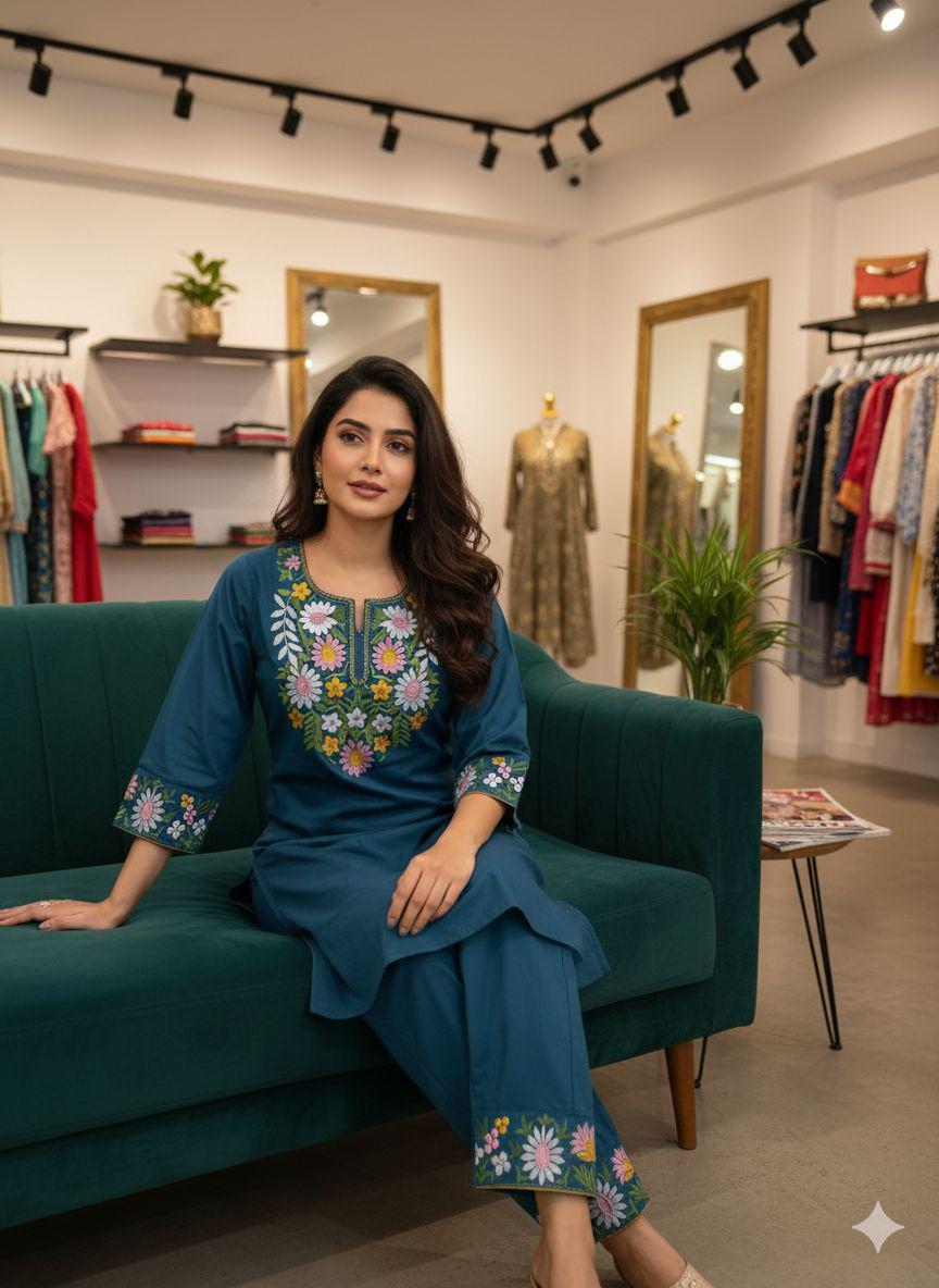Premium Pure Cotton Embroidered Kurti with Matching Embroidered Cotton Pants – Multiple Colours in Blue
