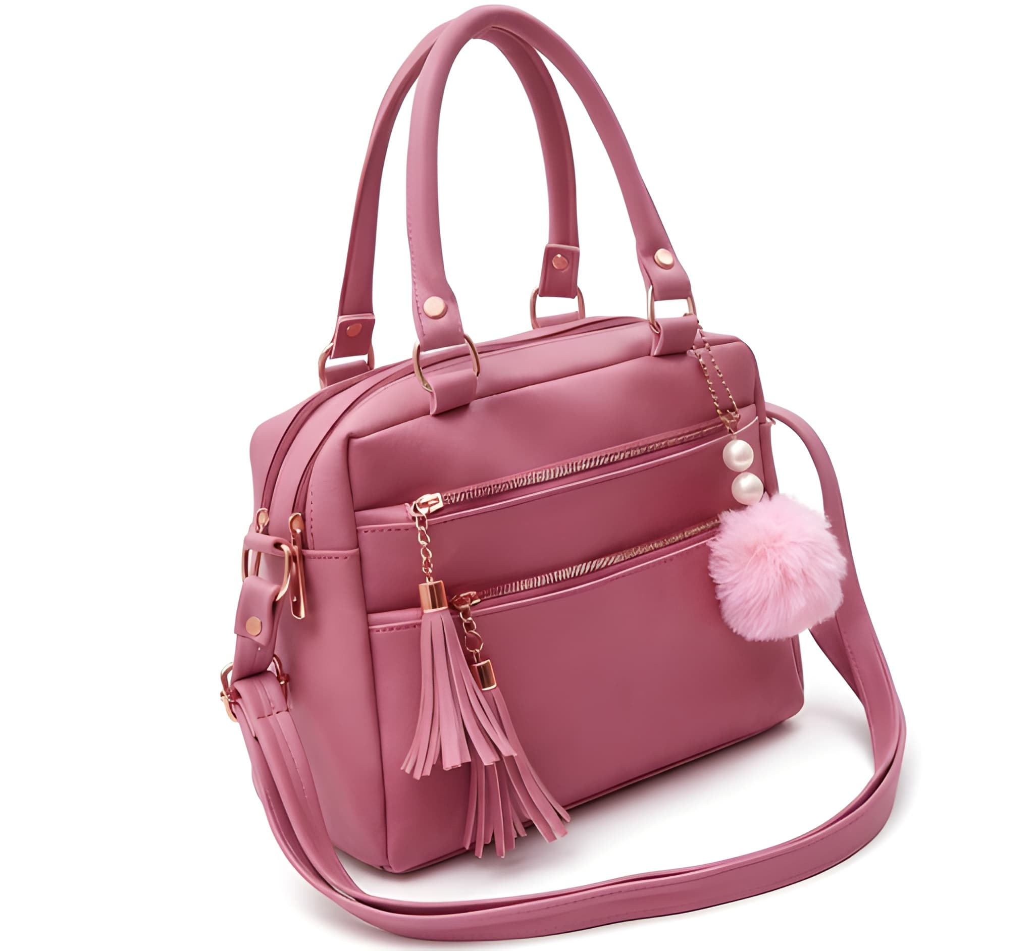 Women's Front-Zip Satchel with Tassel in Mauve